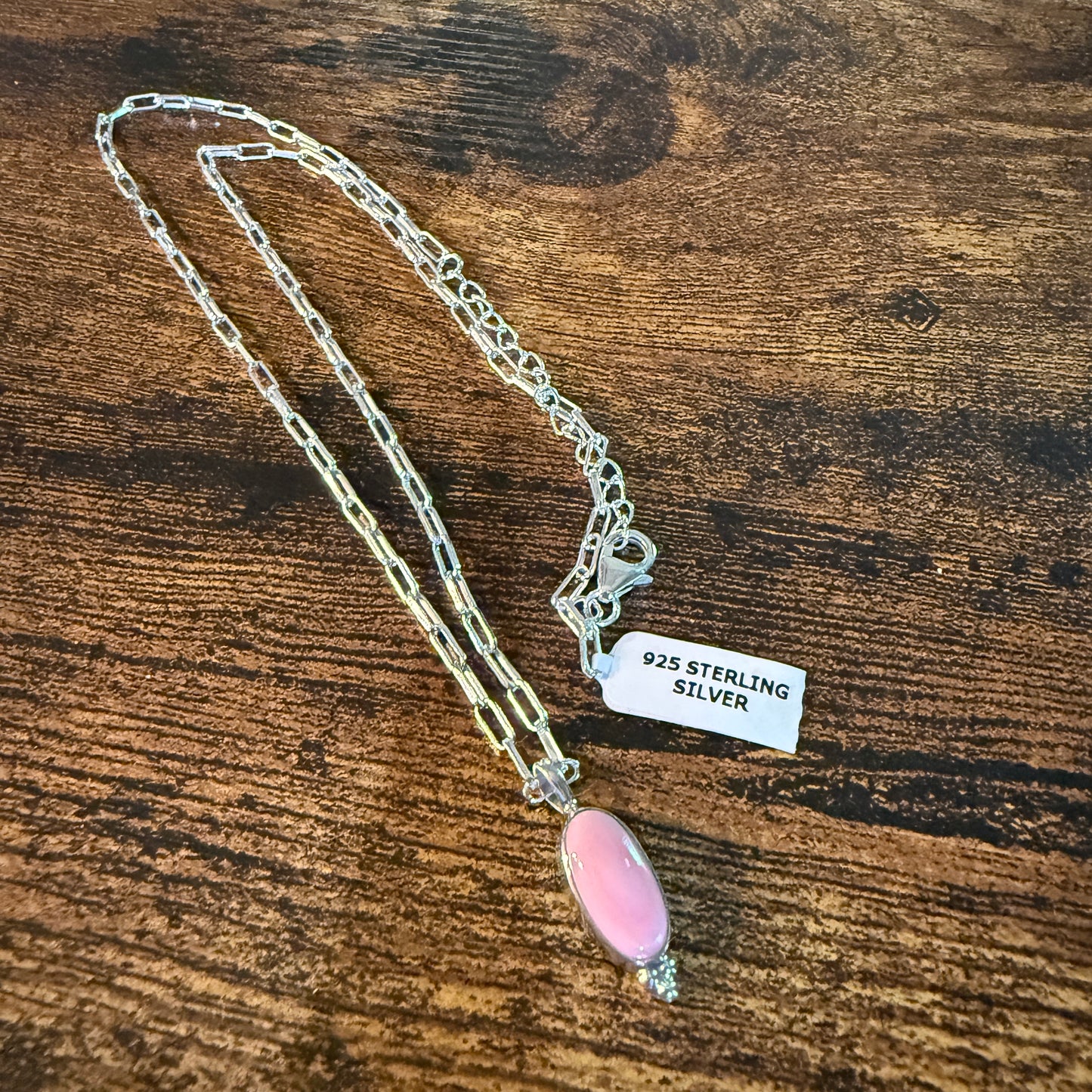 Pink Conch Turquoise Gemstone Necklace 20 Inch Paperclip Chain Sterling Silver