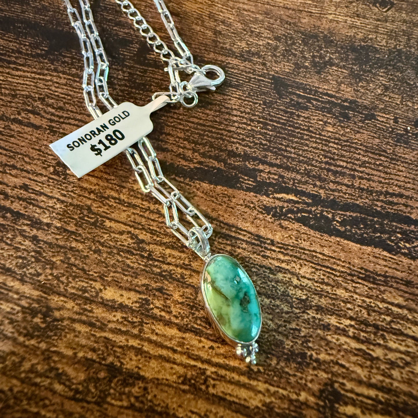 Sonoran Gold Turquoise Necklace With Sterling Silver 20 Inch Paperclip Chain