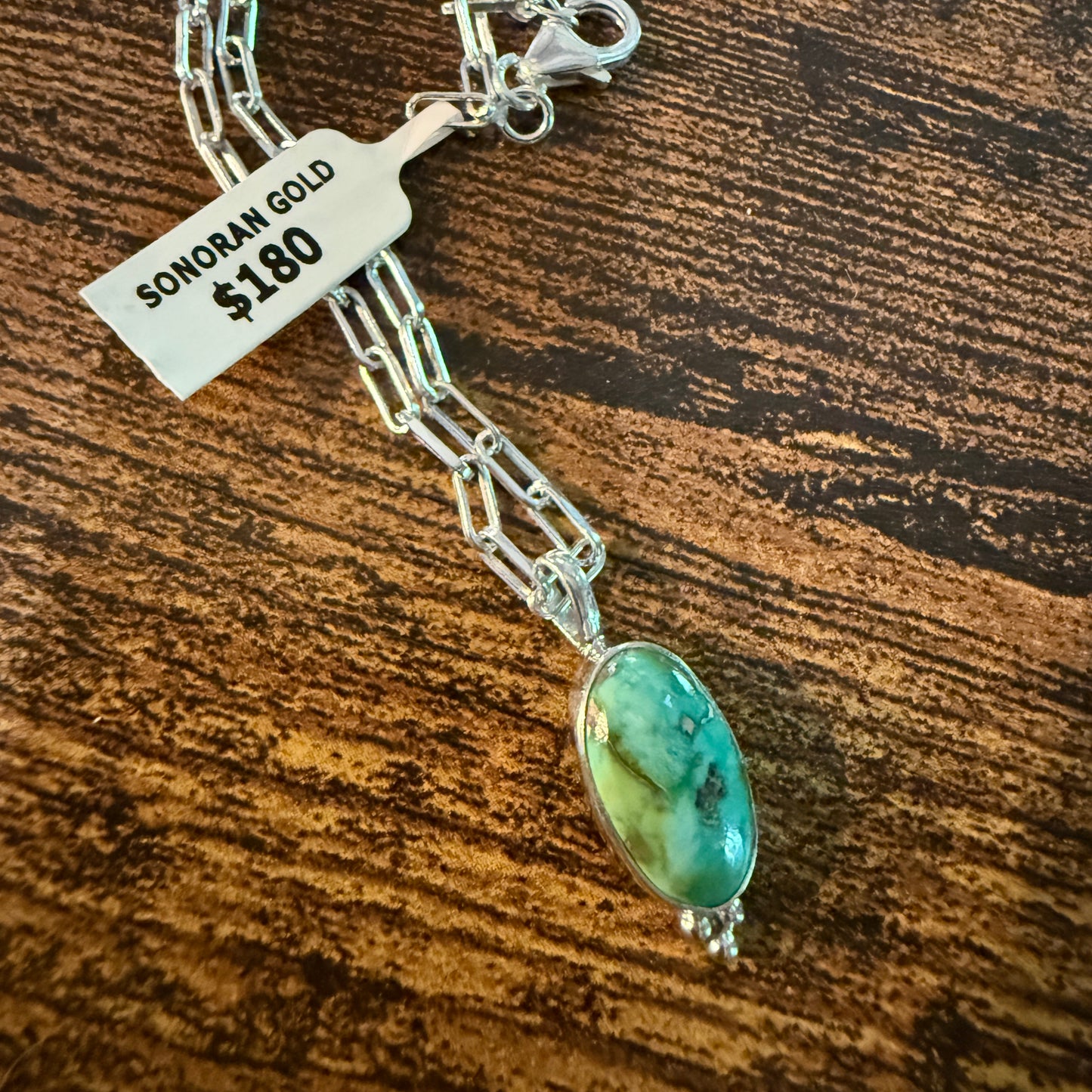 Sonoran Gold Turquoise Necklace With Sterling Silver 20 Inch Paperclip Chain