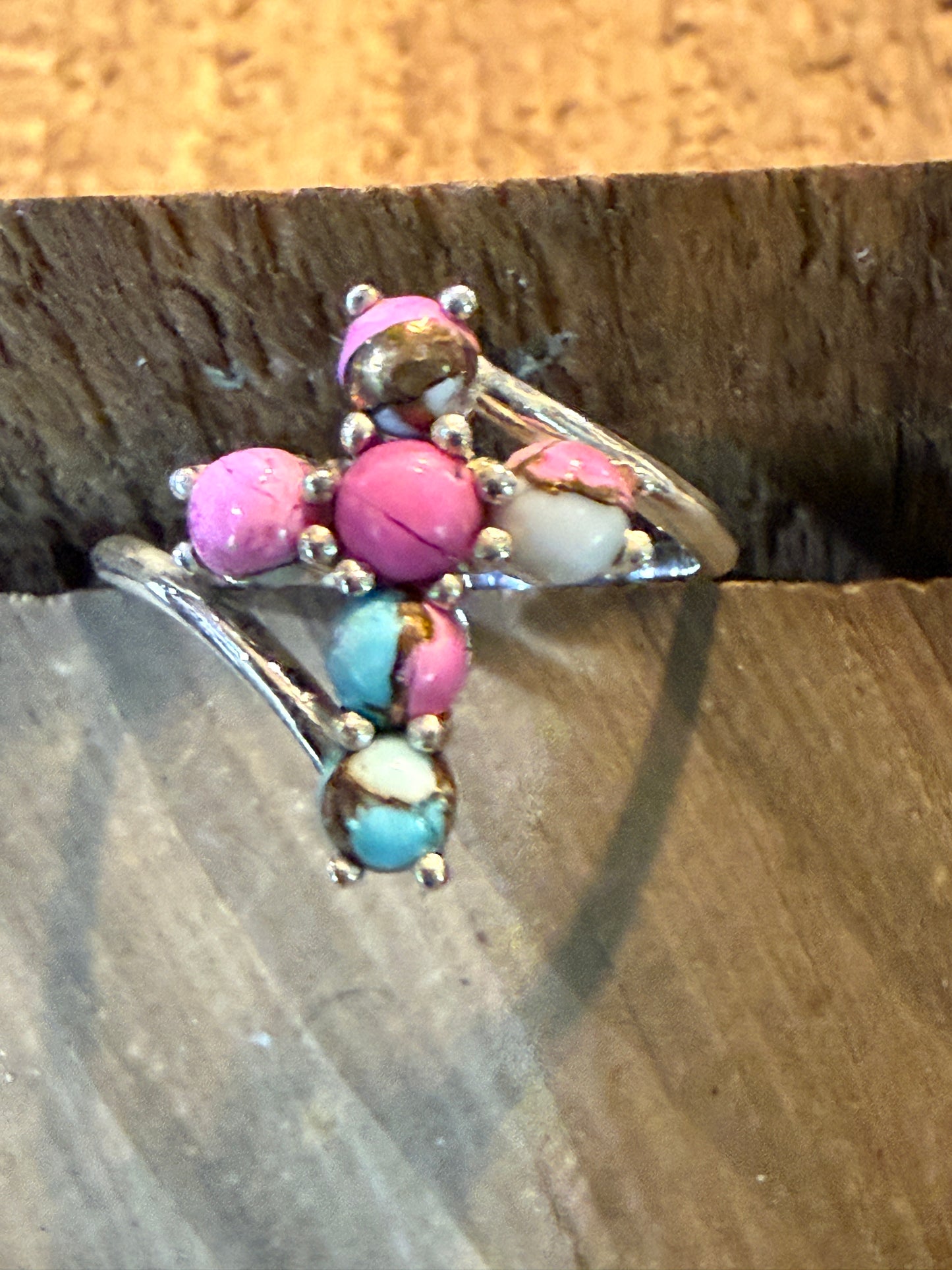 Cotton Candy Dahlia Gemstone Cross Ring Sterling Silver Size Seven Point Five