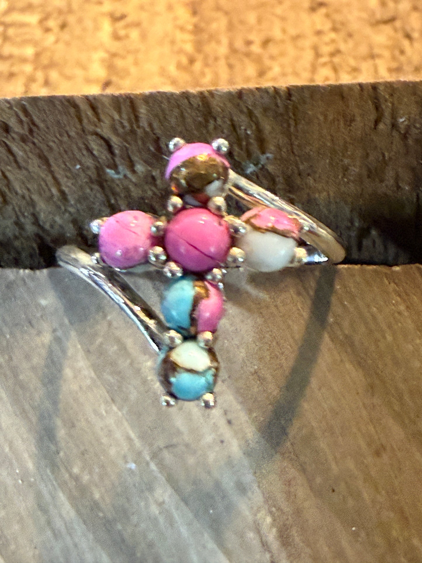 Cotton Candy Dahlia Gemstone Cross Ring Sterling Silver Size Seven Point Five
