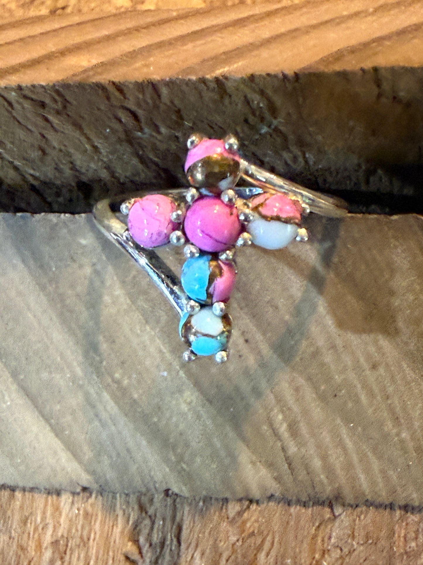 Cotton Candy Dahlia Gemstone Cross Ring Sterling Silver Size Seven Point Five