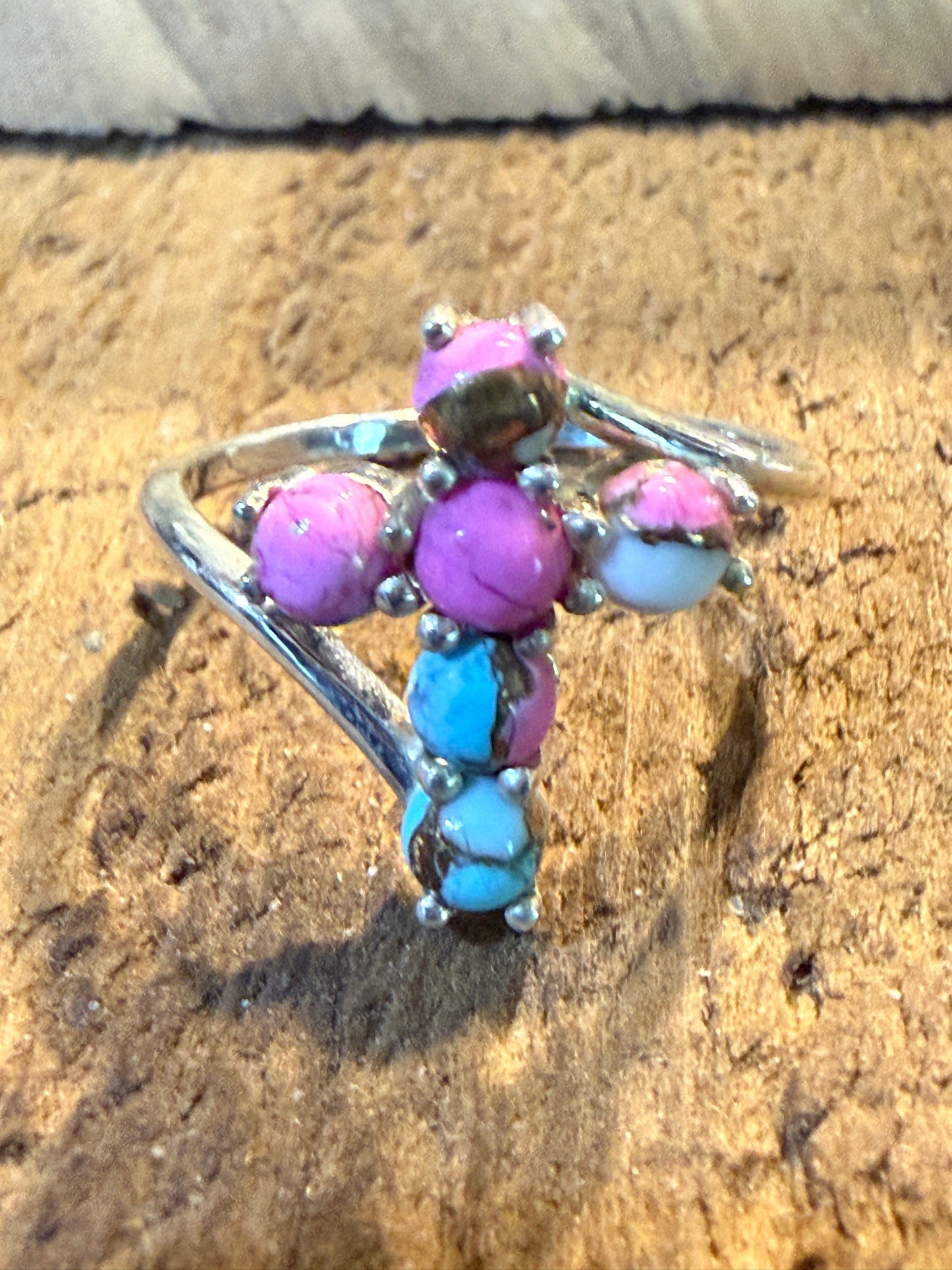 Cotton Candy Dahlia Gemstone Cross Ring Sterling Silver Size Seven Point Five