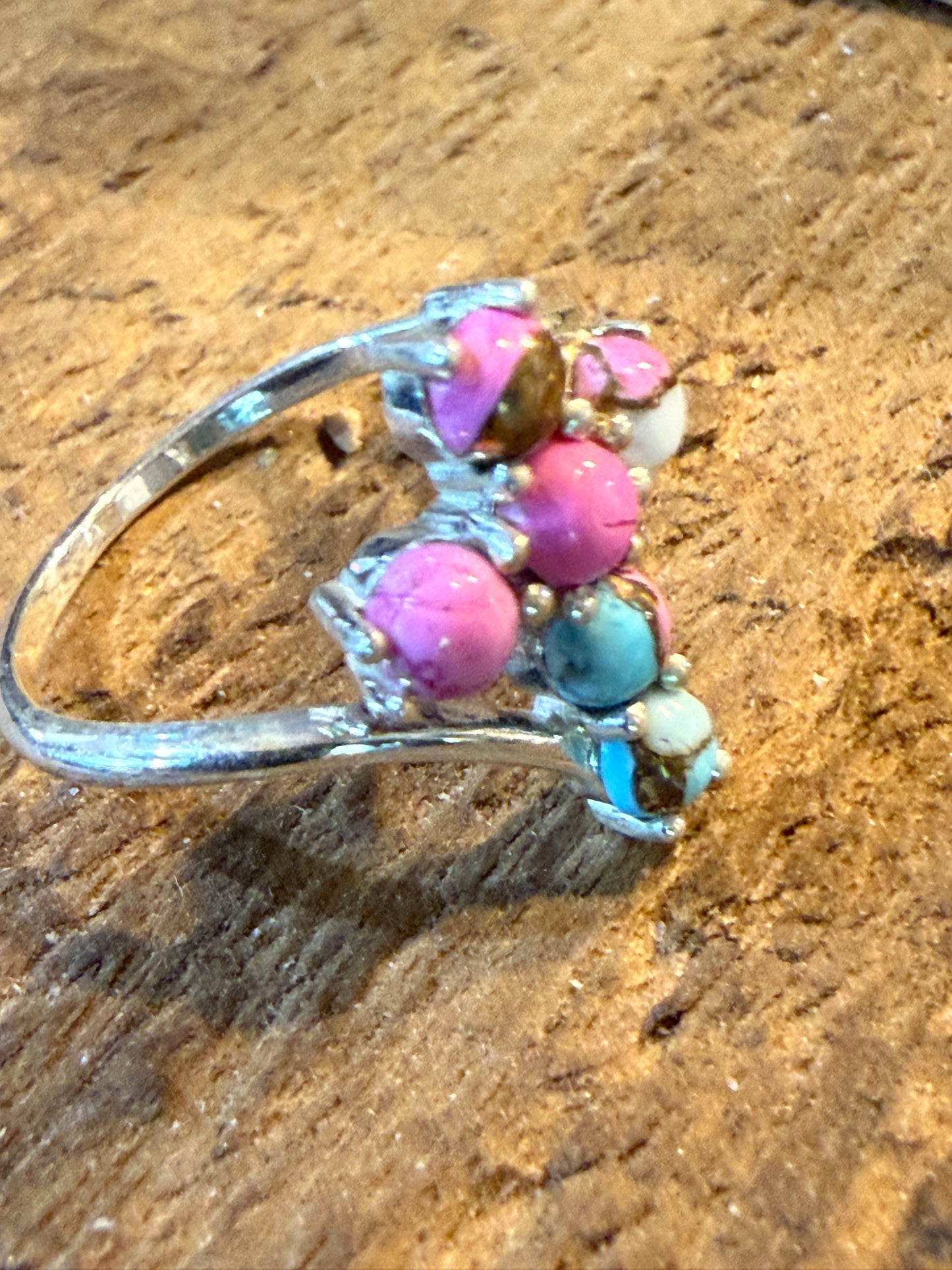 Cotton Candy Dahlia Gemstone Cross Ring Sterling Silver Size Seven Point Five