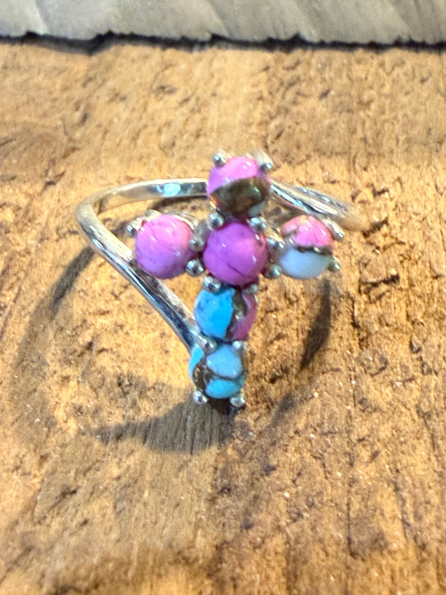 Cotton Candy Dahlia Gemstone Cross Ring Sterling Silver Size Seven Point Five