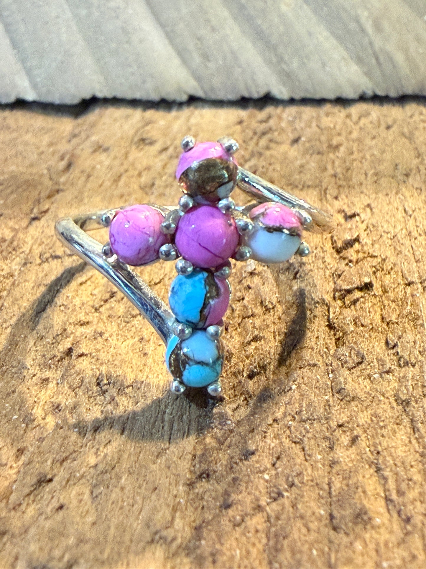 Cotton Candy Dahlia Gemstone Cross Ring Sterling Silver Size Seven Point Five