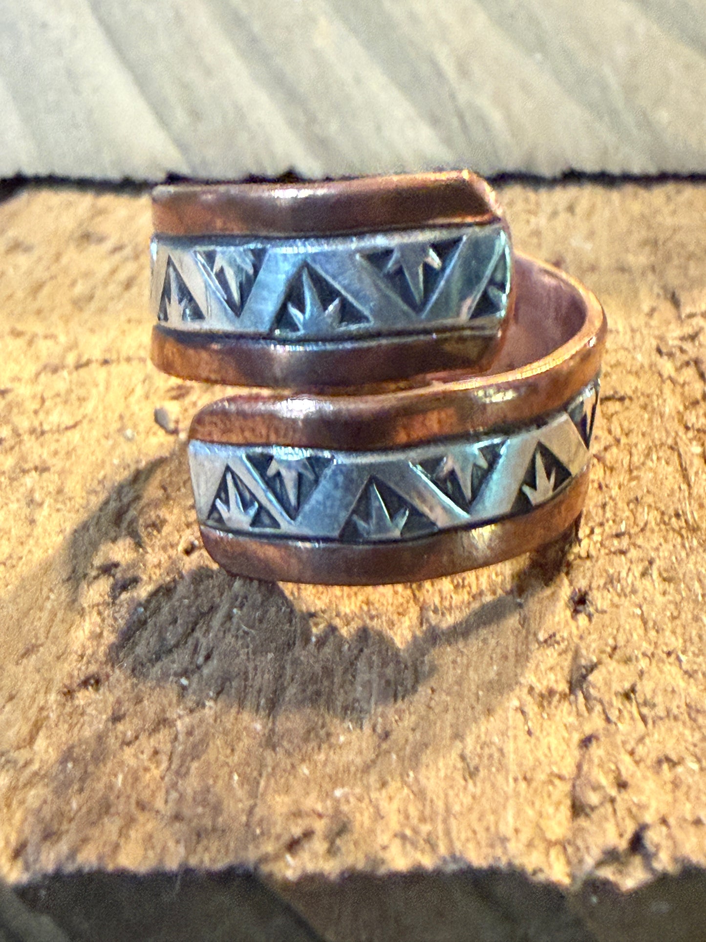 Native Inspired Adjustable Ring Signed JG Sterling Silver and Copper