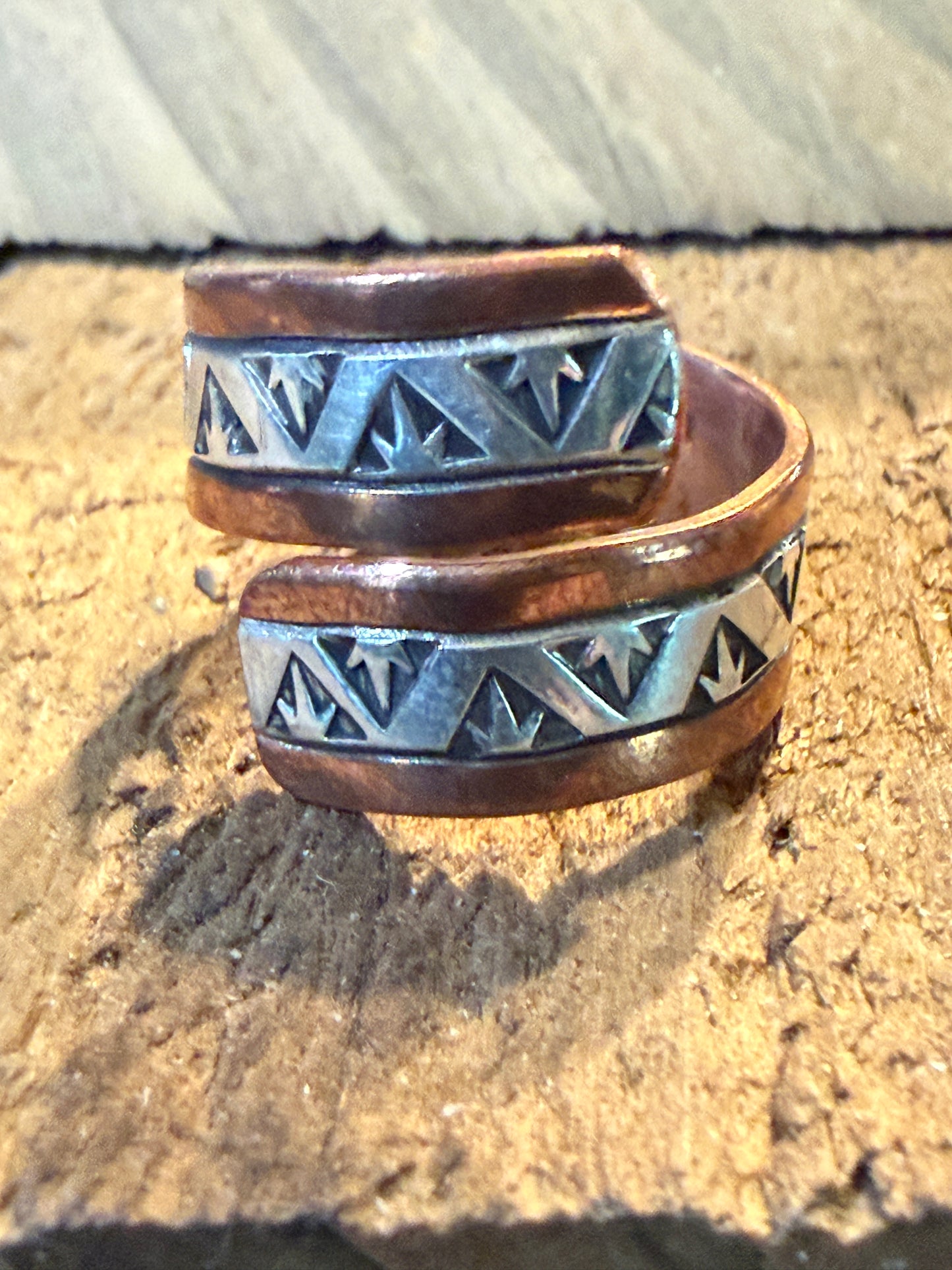 Native Inspired Adjustable Ring Signed JG Sterling Silver and Copper