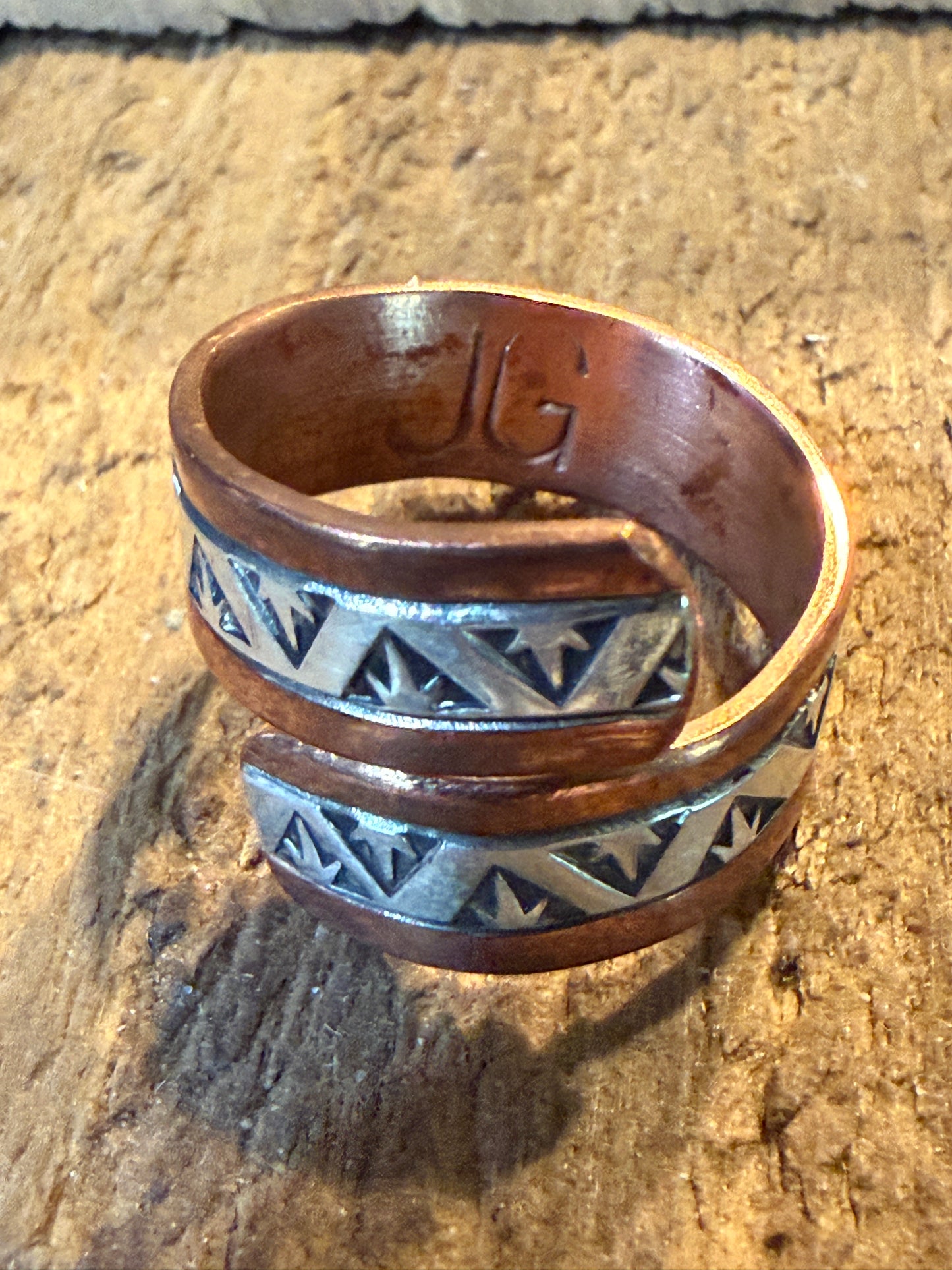 Native Inspired Adjustable Ring Signed JG Sterling Silver and Copper