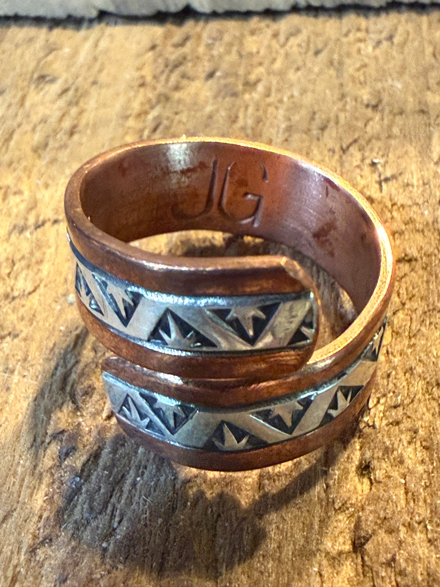 Native Inspired Adjustable Ring Signed JG Sterling Silver and Copper