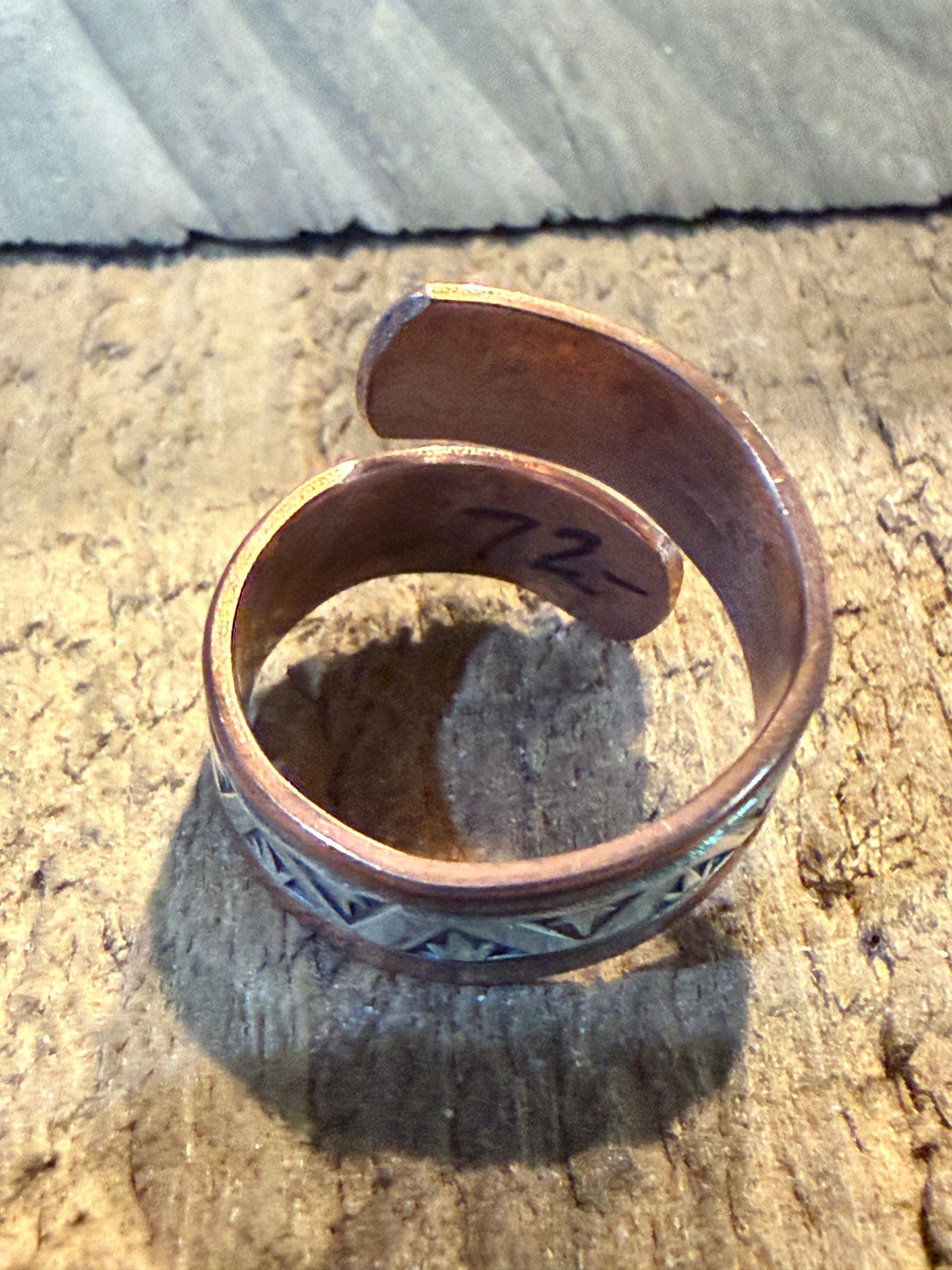 Native Inspired Adjustable Ring Signed JG Sterling Silver and Copper