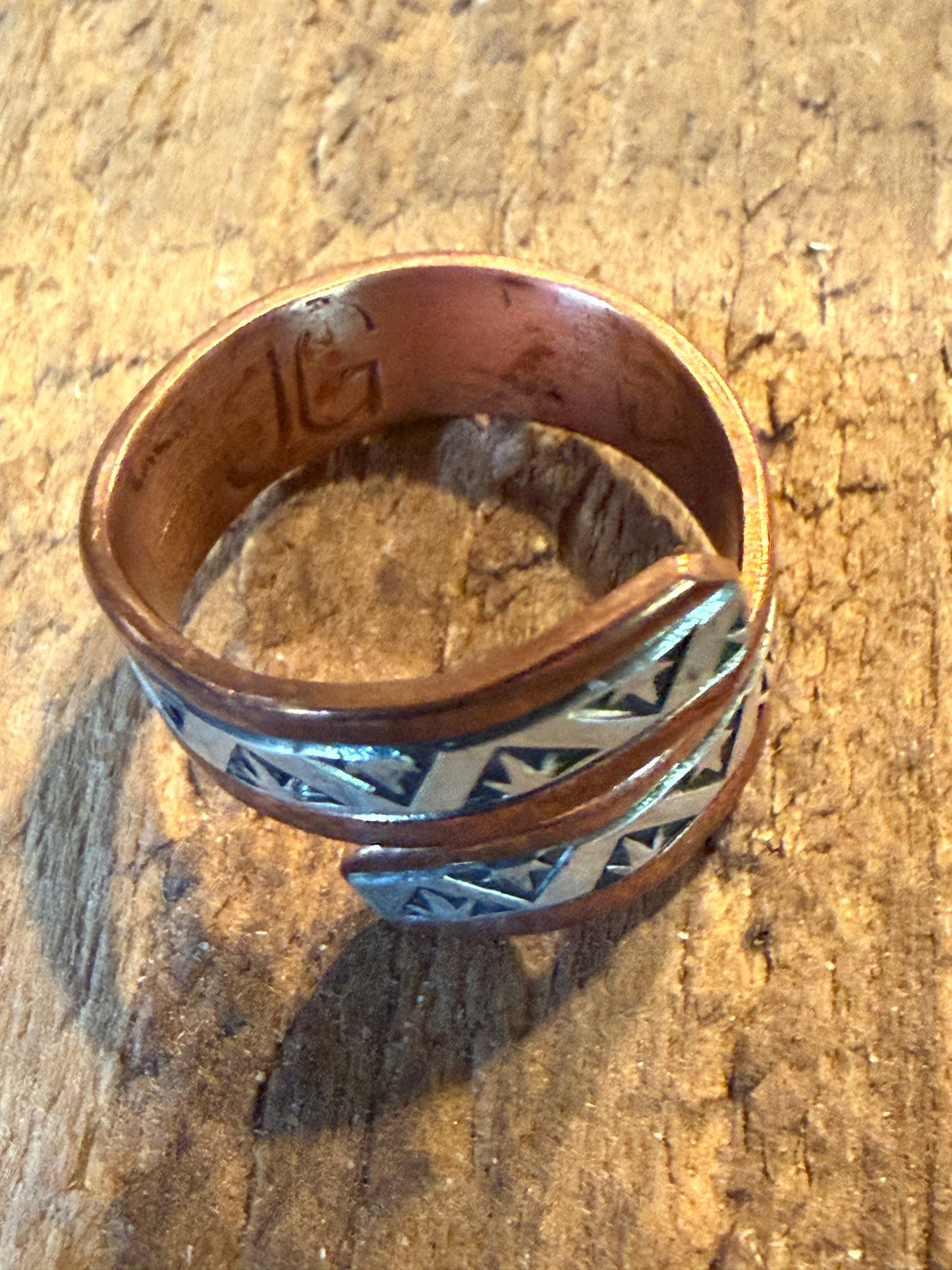 Native Inspired Adjustable Ring Signed JG Sterling Silver and Copper