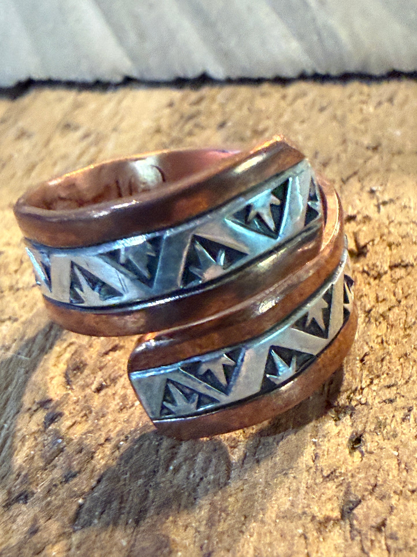 Native Inspired Adjustable Ring Signed JG Sterling Silver and Copper