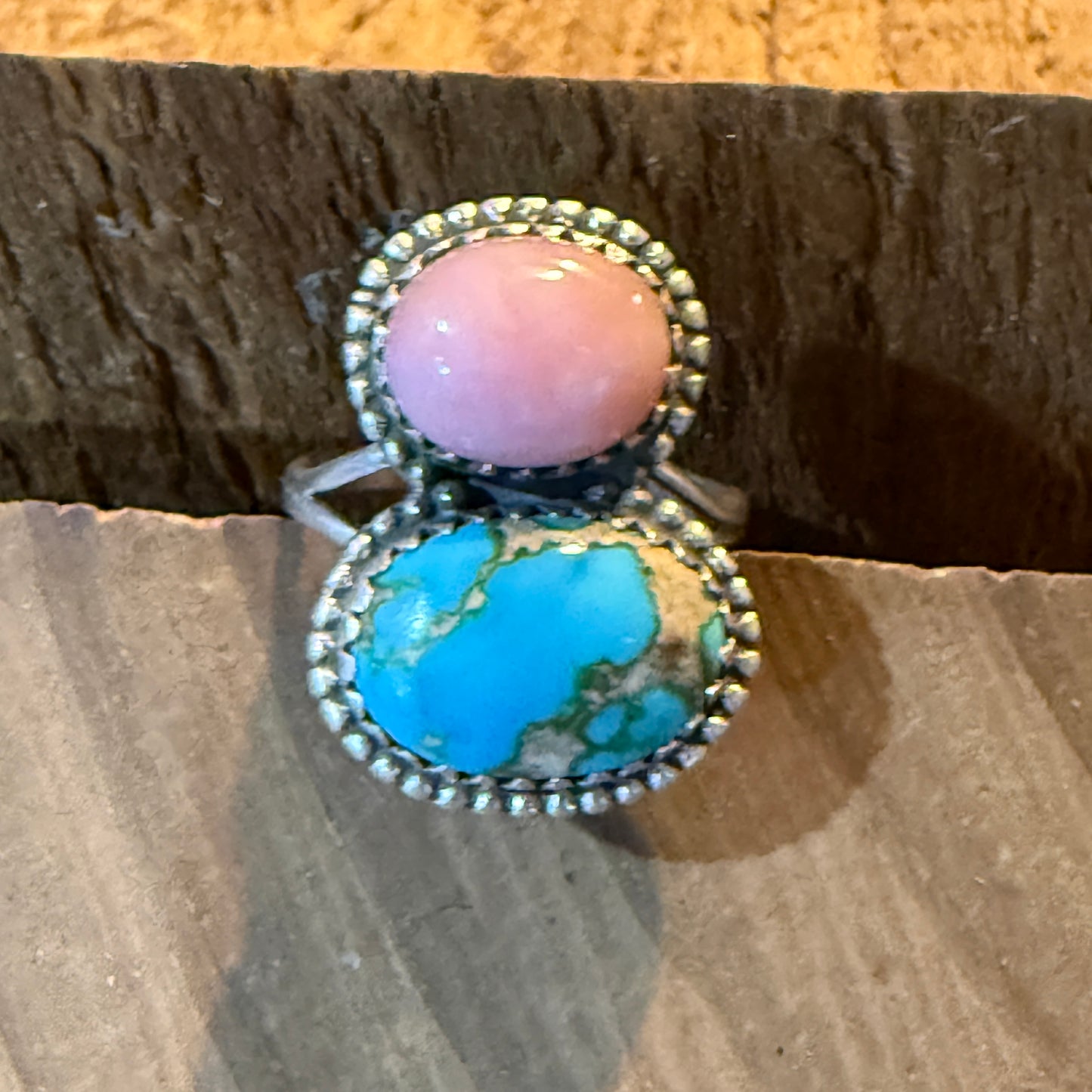 Pink Conch and White Water Turquoise Gemstone Ring in Sterling Silver Size 6