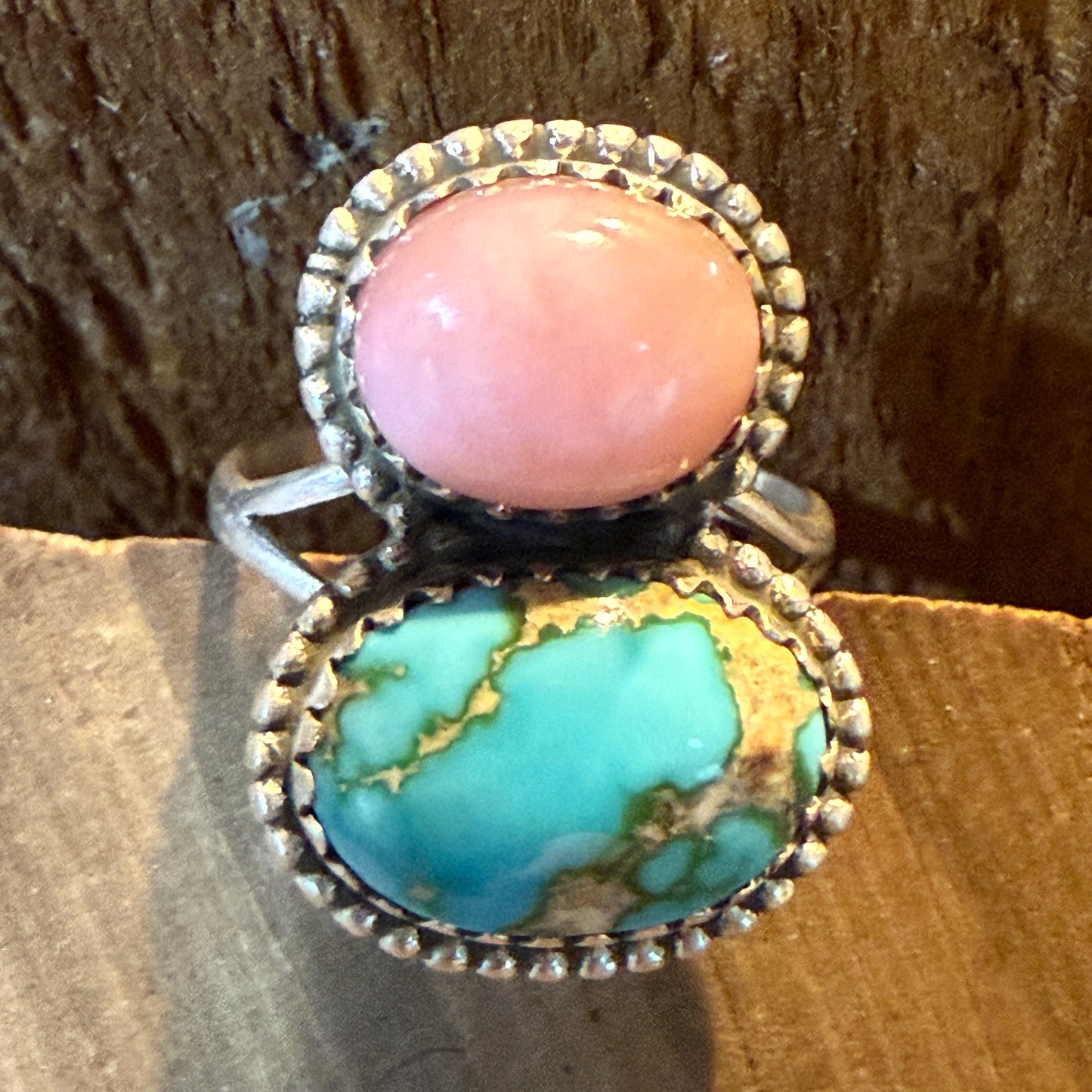 Pink Conch and White Water Turquoise Gemstone Ring in Sterling Silver Size 6