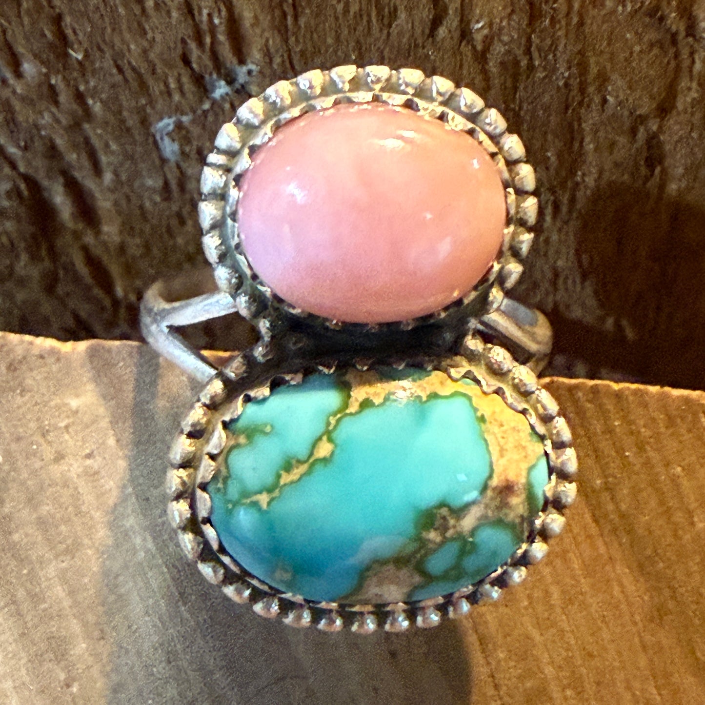 Pink Conch and White Water Turquoise Gemstone Ring in Sterling Silver Size 6