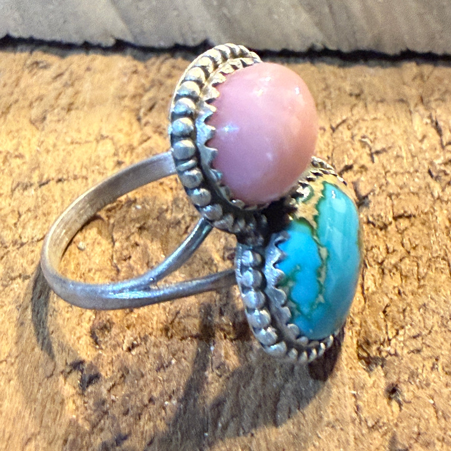 Pink Conch and White Water Turquoise Gemstone Ring in Sterling Silver Size 6