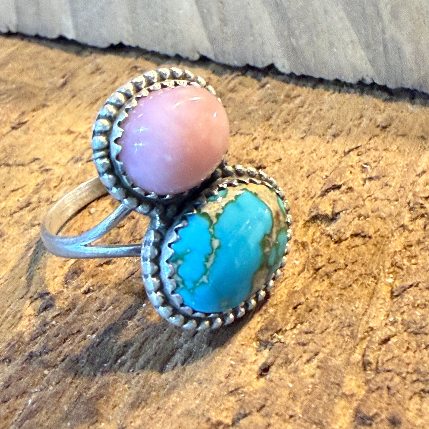 Pink Conch and White Water Turquoise Gemstone Ring in Sterling Silver Size 6