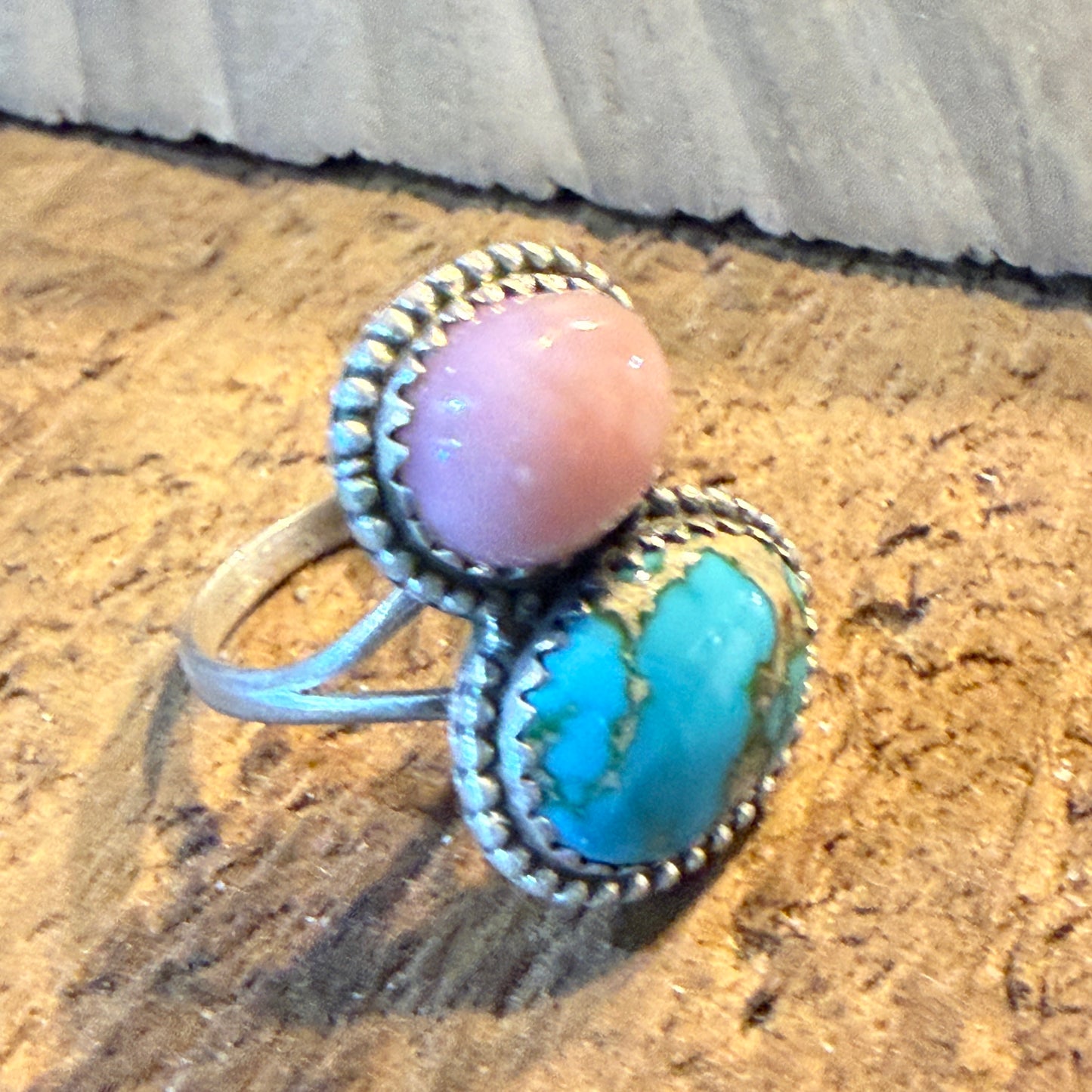 Pink Conch and White Water Turquoise Gemstone Ring in Sterling Silver Size 6