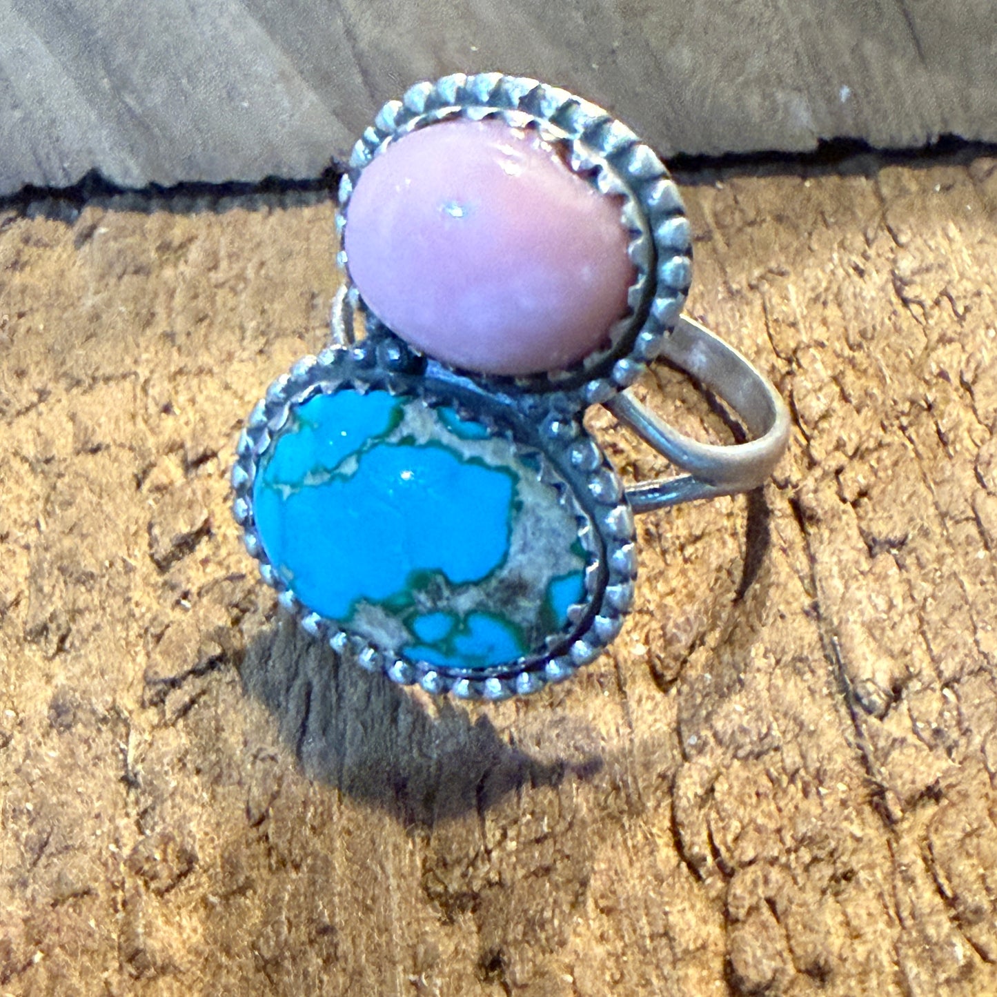 Pink Conch and White Water Turquoise Gemstone Ring in Sterling Silver Size 6