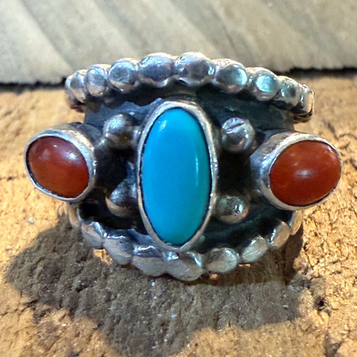 Native Style Kingman Turquoise and Coral Sterling Silver Ring Size 6