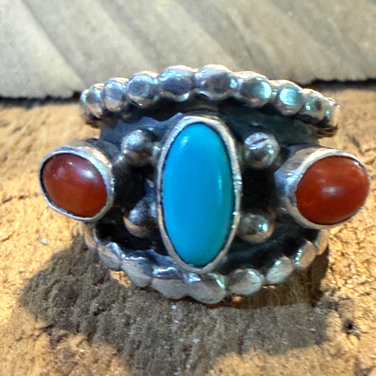 Native Style Kingman Turquoise and Coral Sterling Silver Ring Size 6
