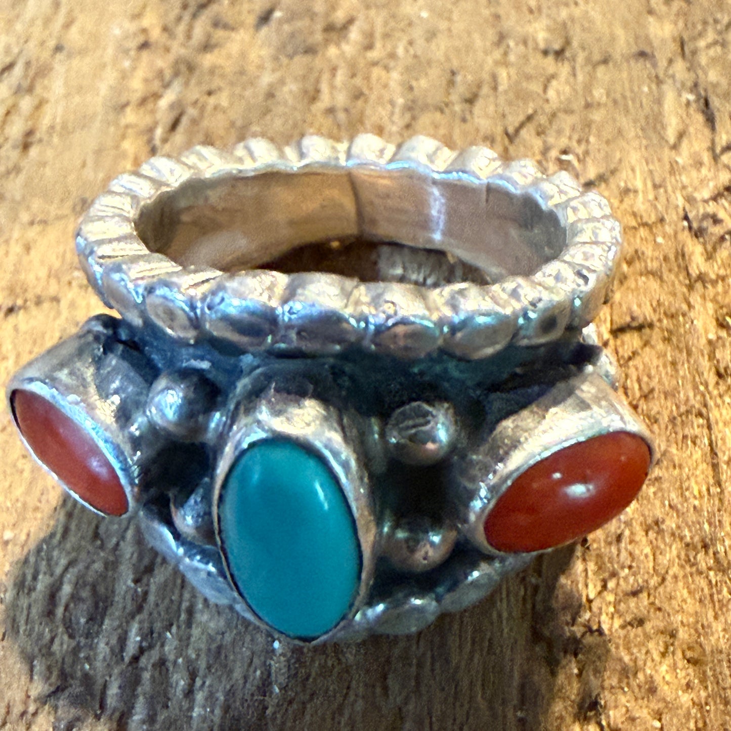 Native Style Kingman Turquoise and Coral Sterling Silver Ring Size 6