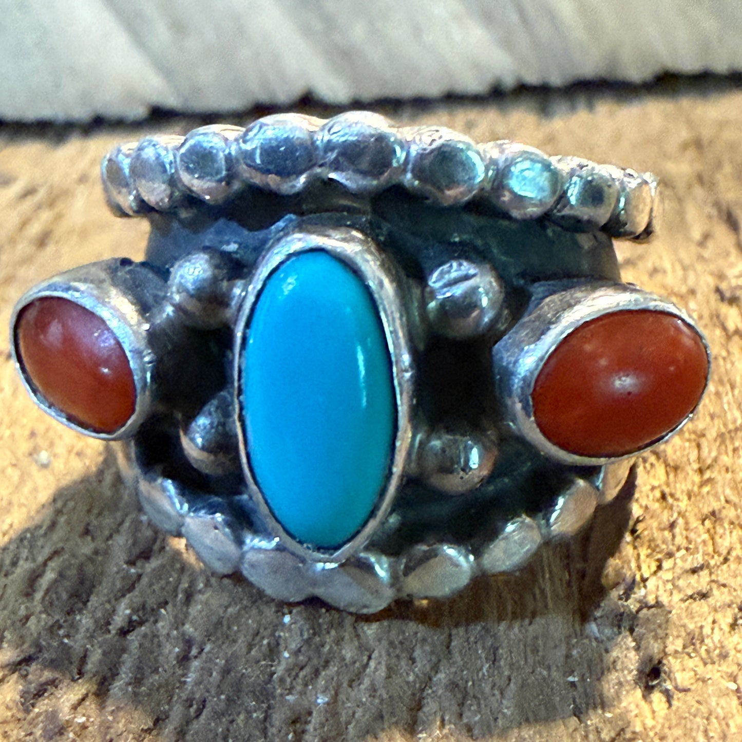 Native Style Kingman Turquoise and Coral Sterling Silver Ring Size 6