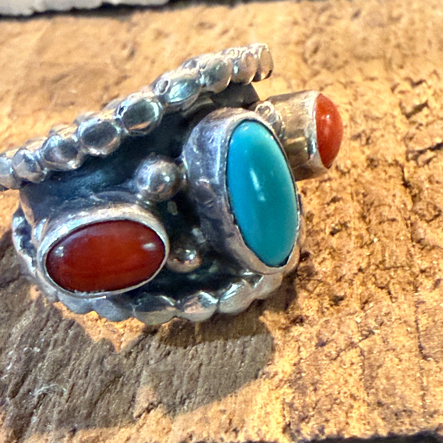 Native Style Kingman Turquoise and Coral Sterling Silver Ring Size 6