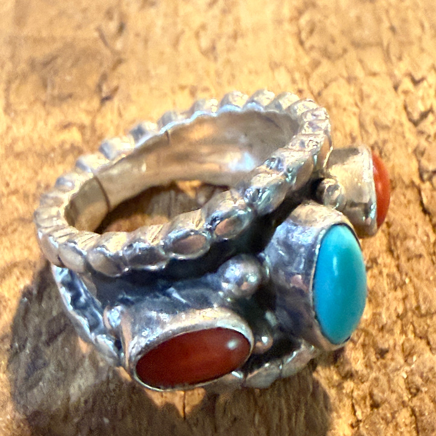 Native Style Kingman Turquoise and Coral Sterling Silver Ring Size 6