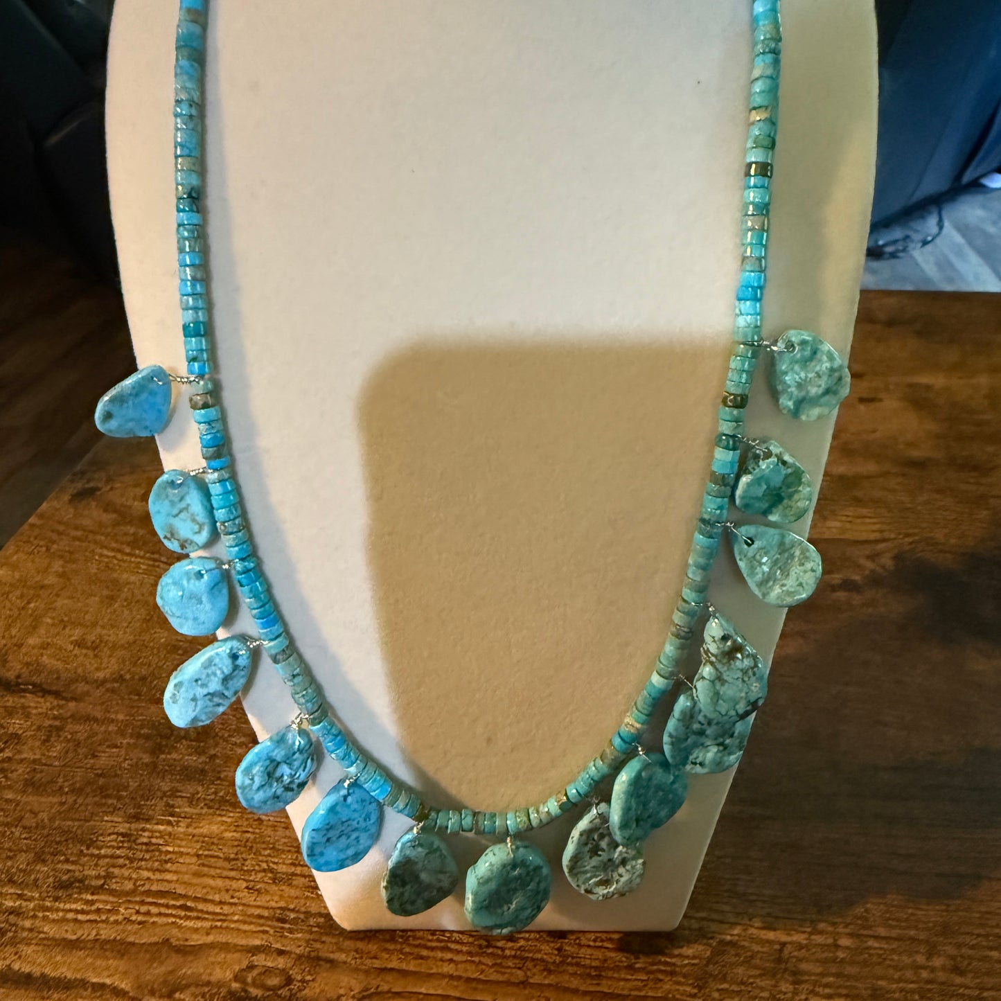 Navajo Style Kingman Turquoise Gemstone Bead Statement Necklace Sterling Silver