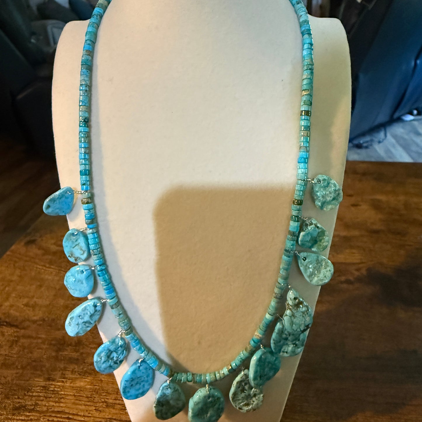 Navajo Style Kingman Turquoise Gemstone Bead Statement Necklace Sterling Silver