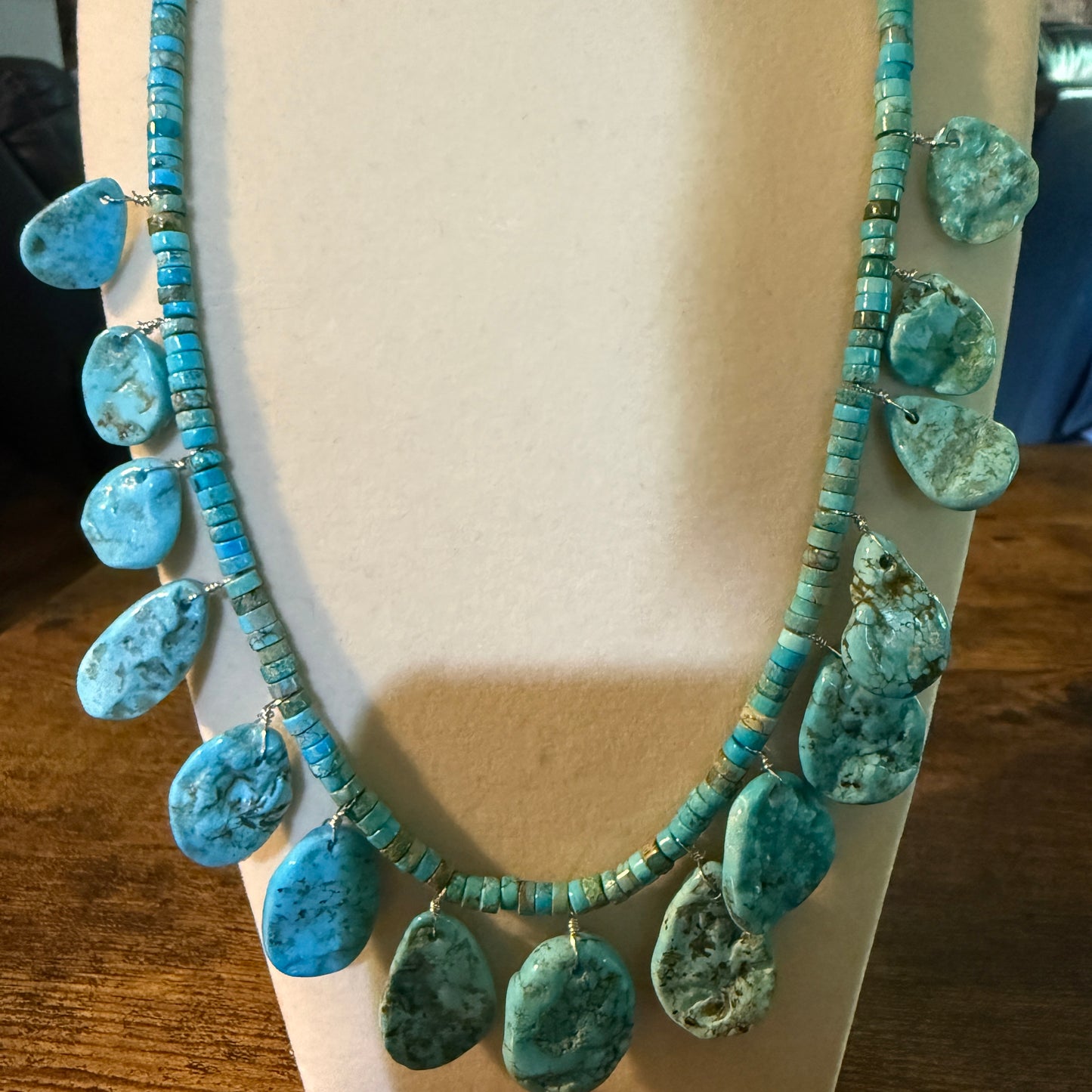 Navajo Style Kingman Turquoise Gemstone Bead Statement Necklace Sterling Silver