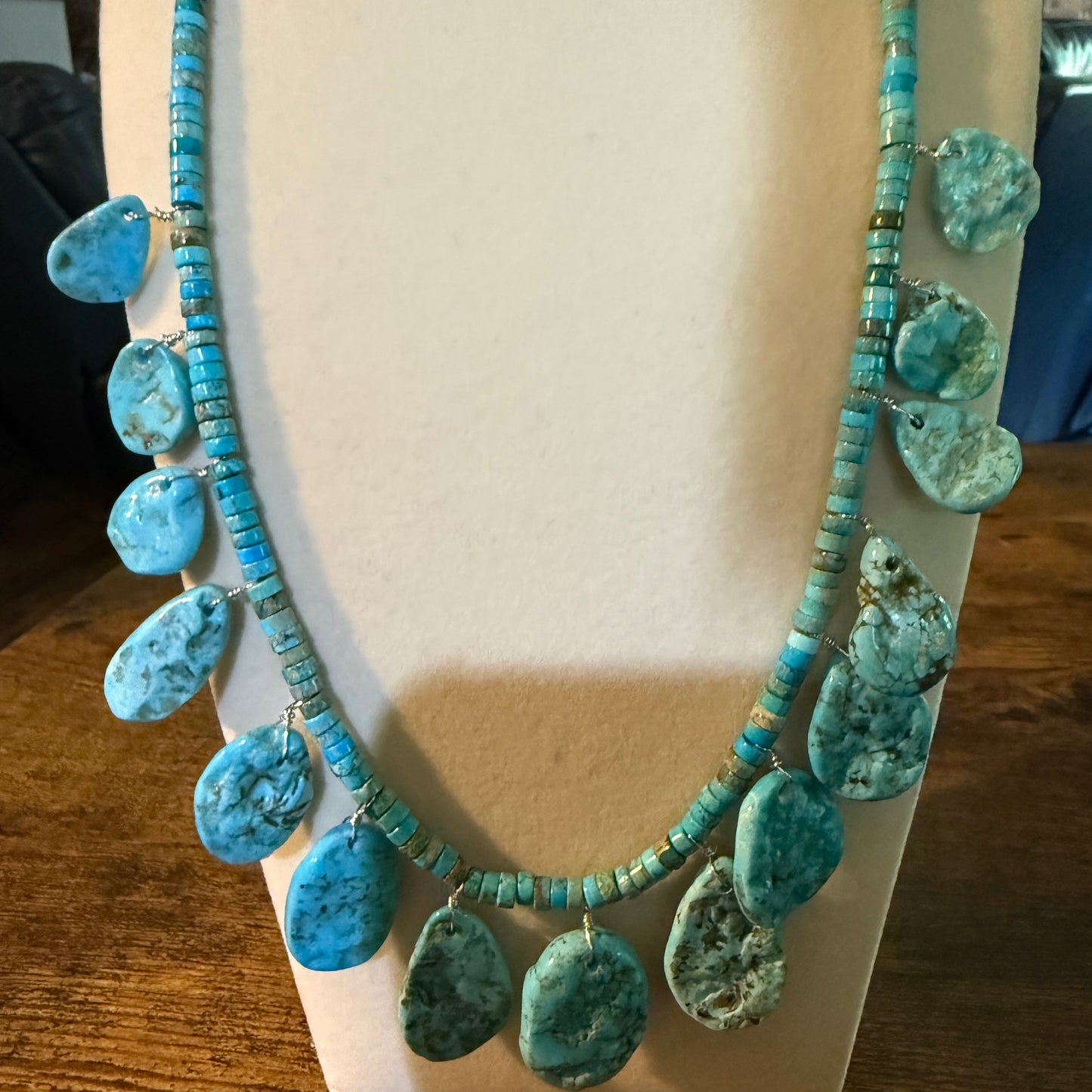 Navajo Style Kingman Turquoise Gemstone Bead Statement Necklace Sterling Silver