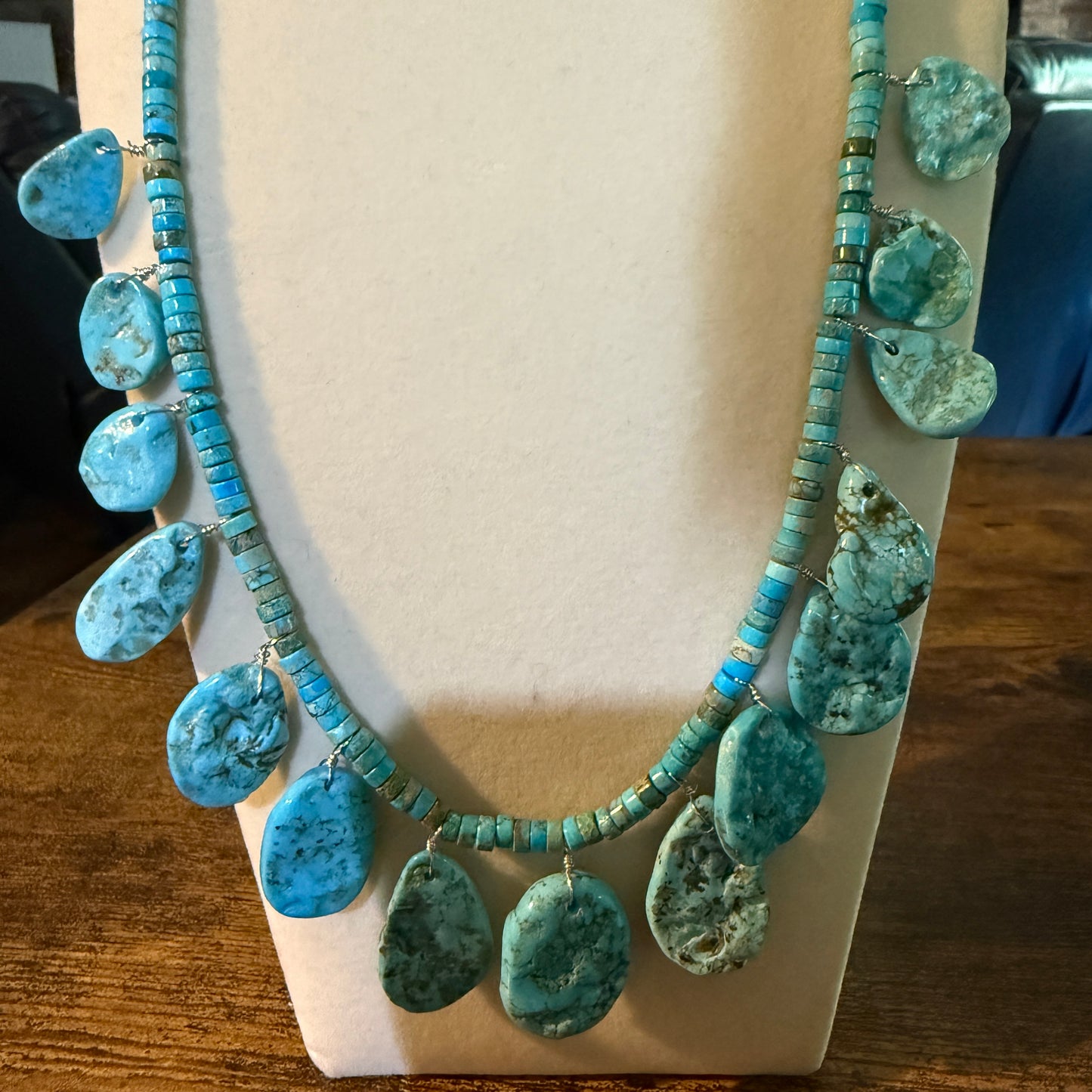 Navajo Style Kingman Turquoise Gemstone Bead Statement Necklace Sterling Silver