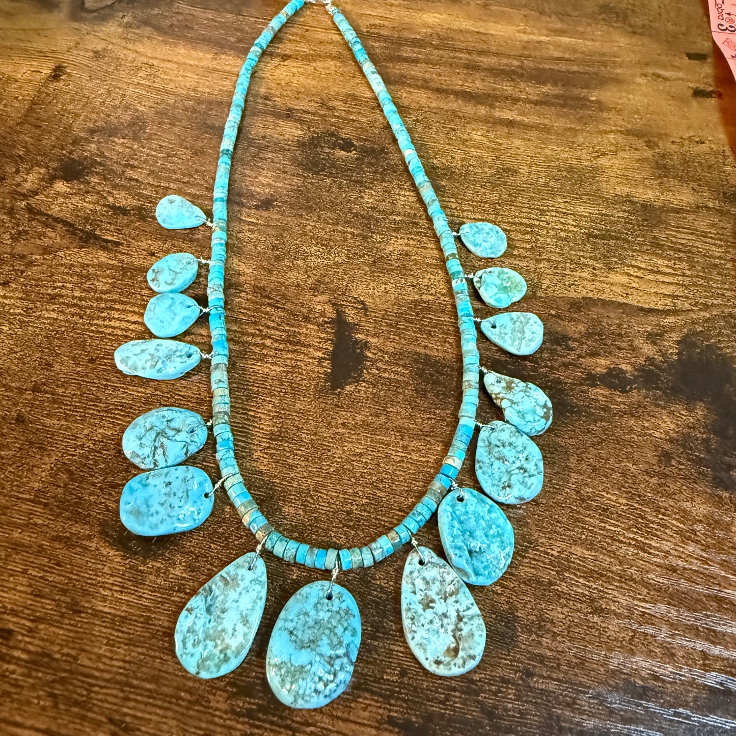 Navajo Style Kingman Turquoise Gemstone Bead Statement Necklace Sterling Silver