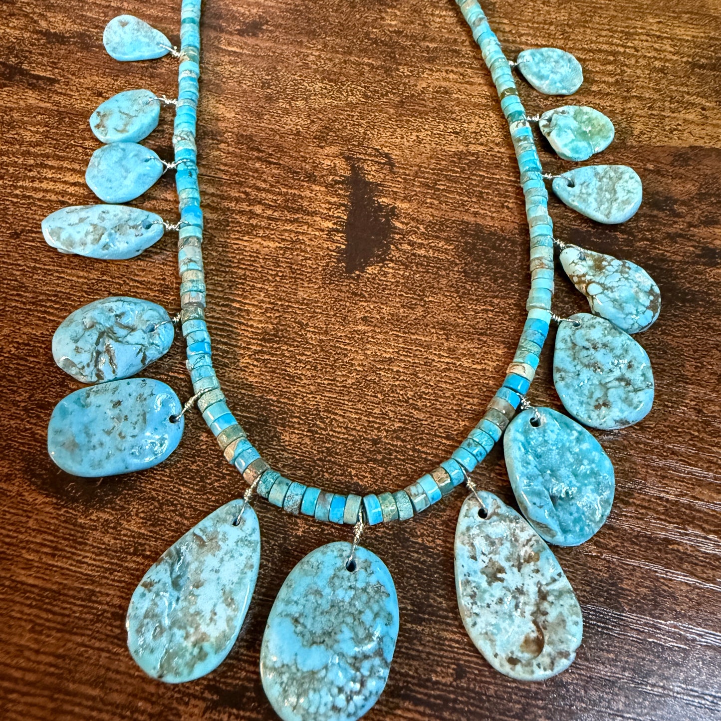 Navajo Style Kingman Turquoise Gemstone Bead Statement Necklace Sterling Silver