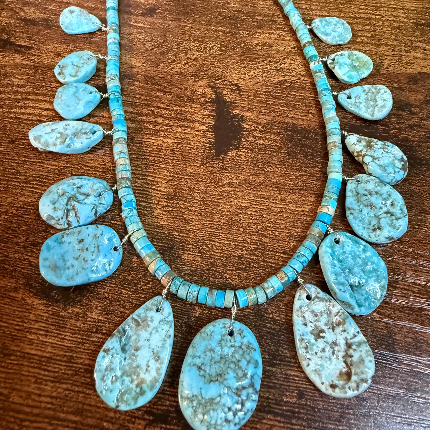 Navajo Style Kingman Turquoise Gemstone Bead Statement Necklace Sterling Silver