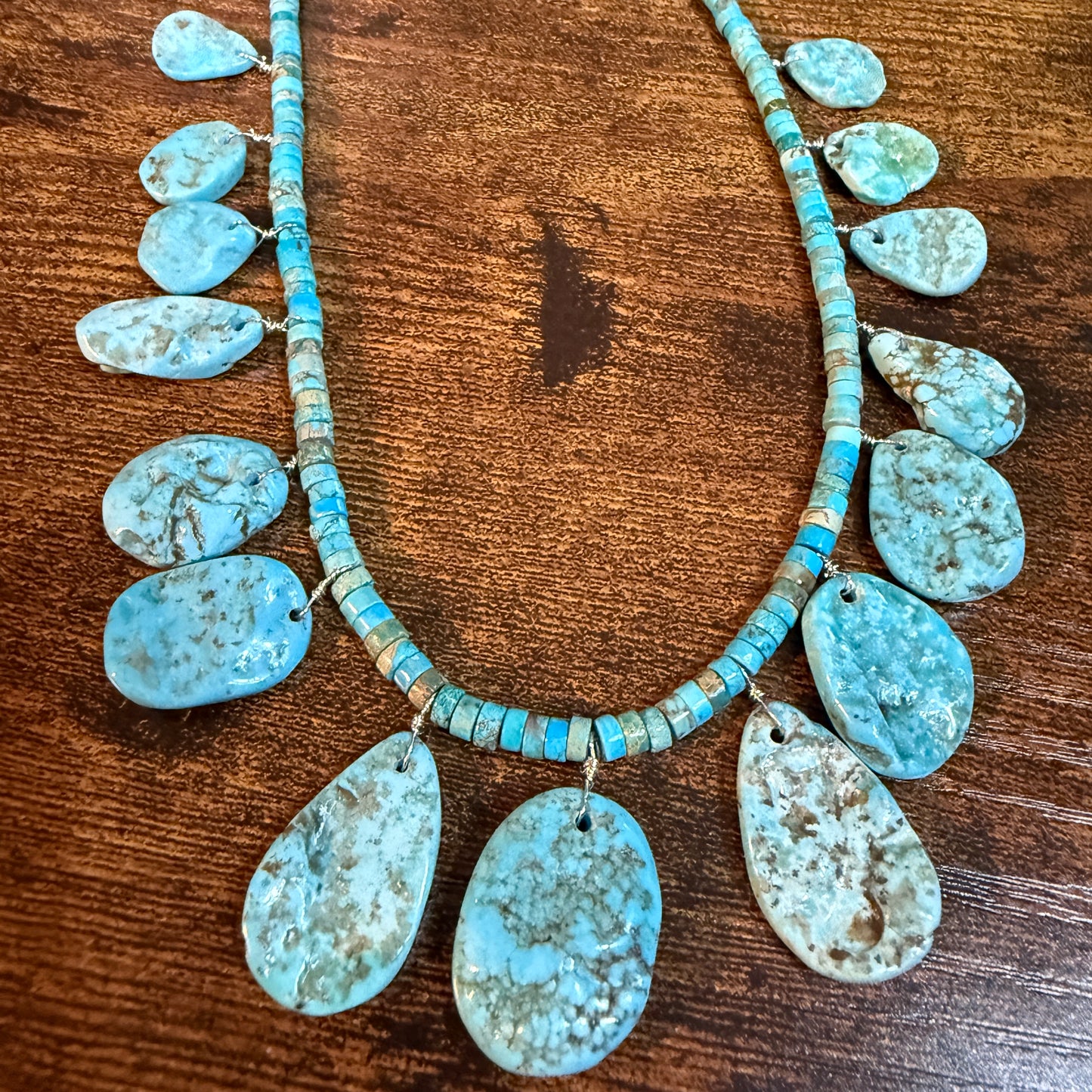 Navajo Style Kingman Turquoise Gemstone Bead Statement Necklace Sterling Silver
