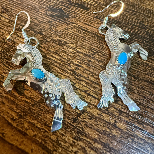 Kingman Turquoise Horse Estuarian Drop Wire Earrings In Sterling Silver