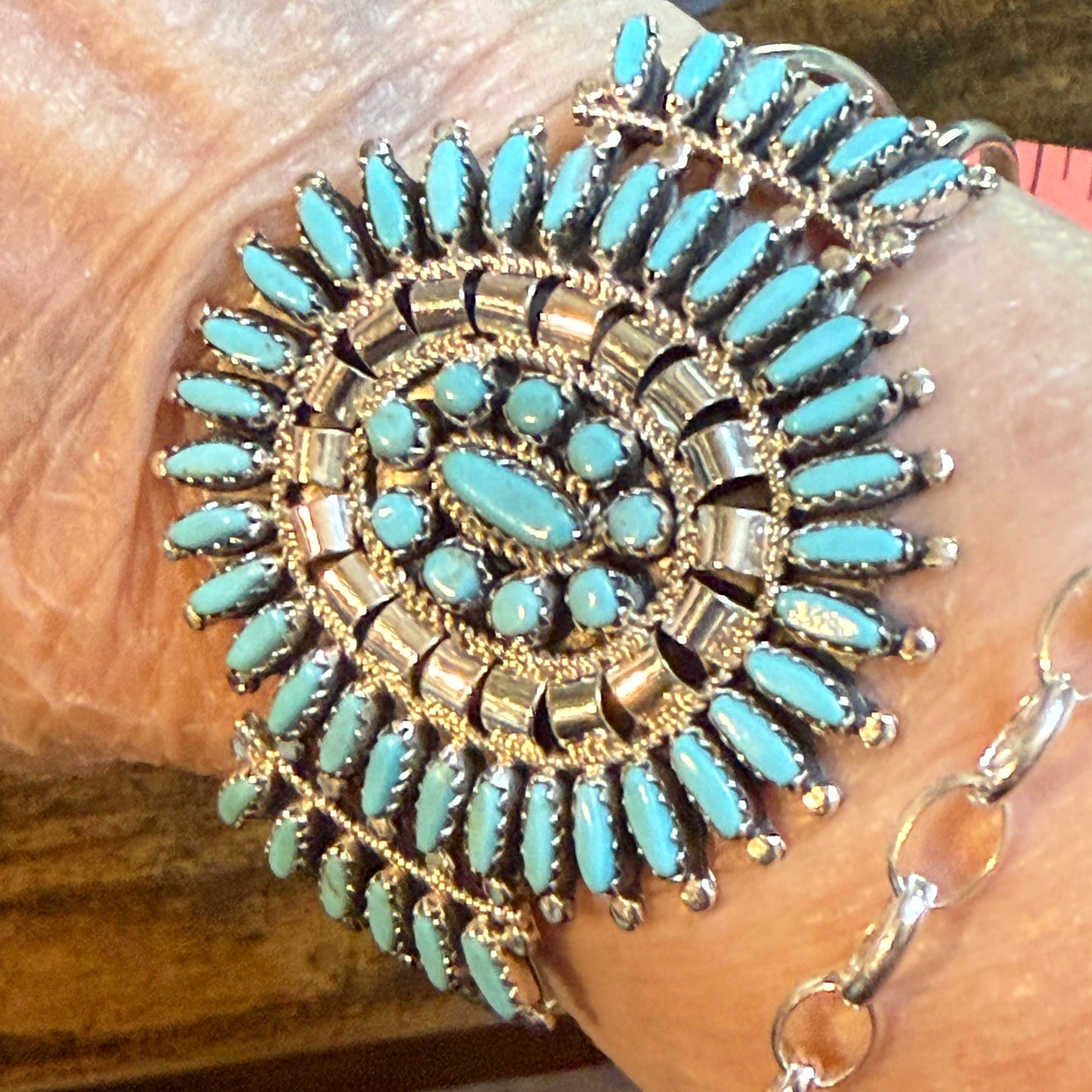 Native Handmade Naz Signed Kingman Turquoise Cuff Bracelet Sterling Silver Small
