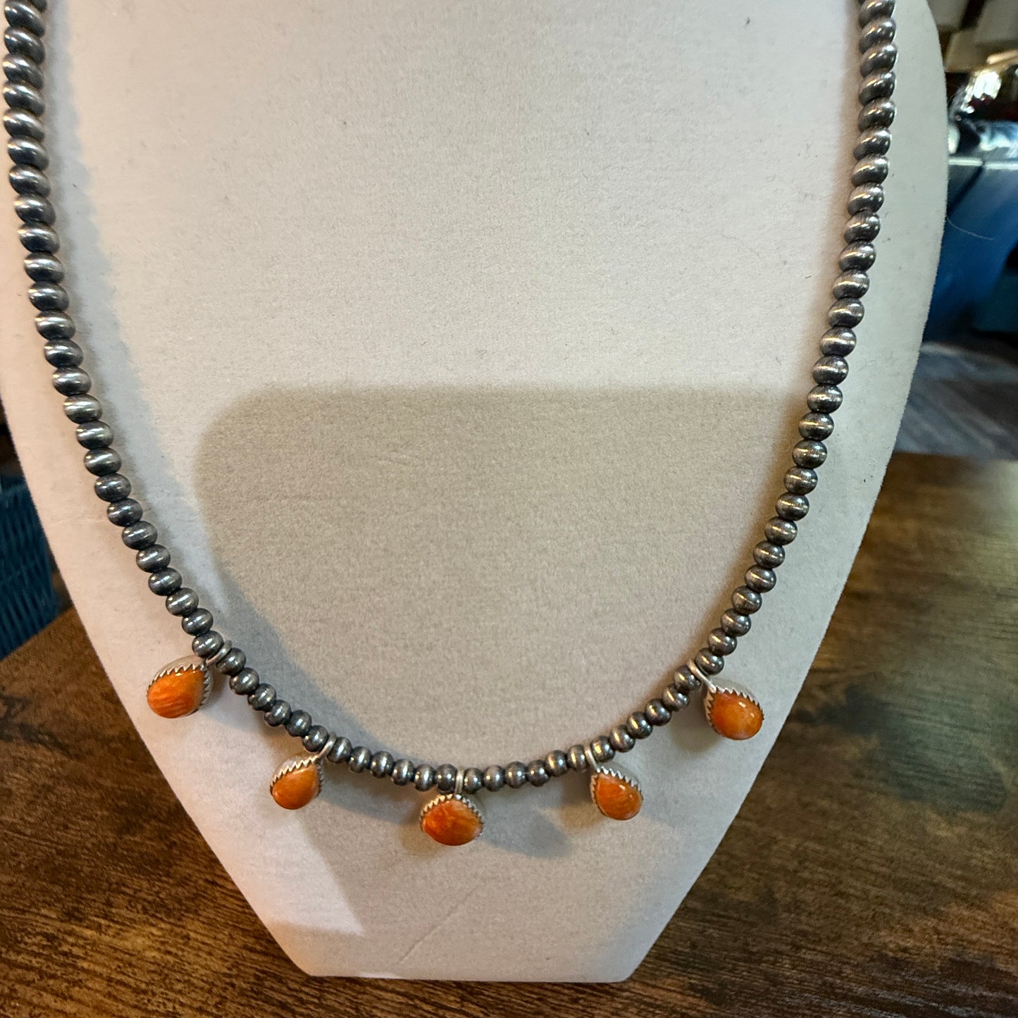 Southwestern Orange Spiny Oyster Gemstone Choker Necklace With 3mm Sterling Silver Beads