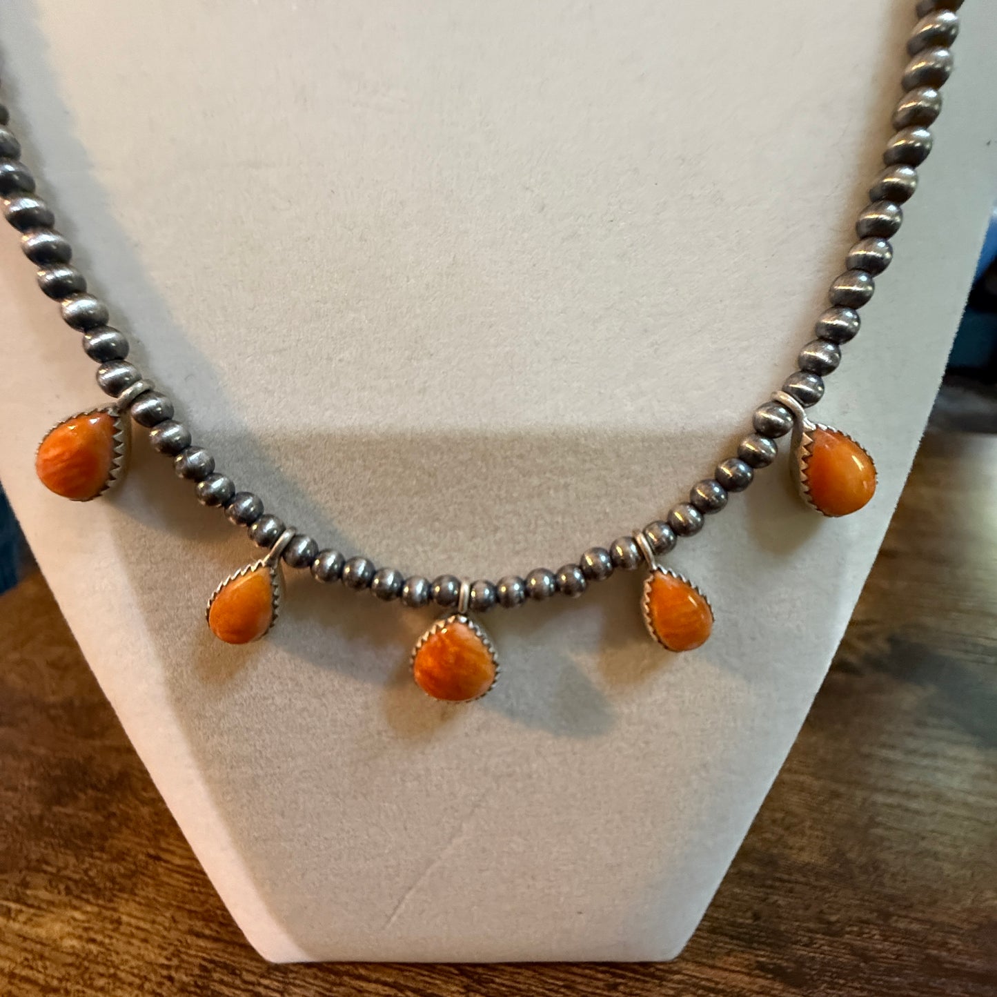 Southwestern Orange Spiny Oyster Gemstone Choker Necklace With 3mm Sterling Silver Beads