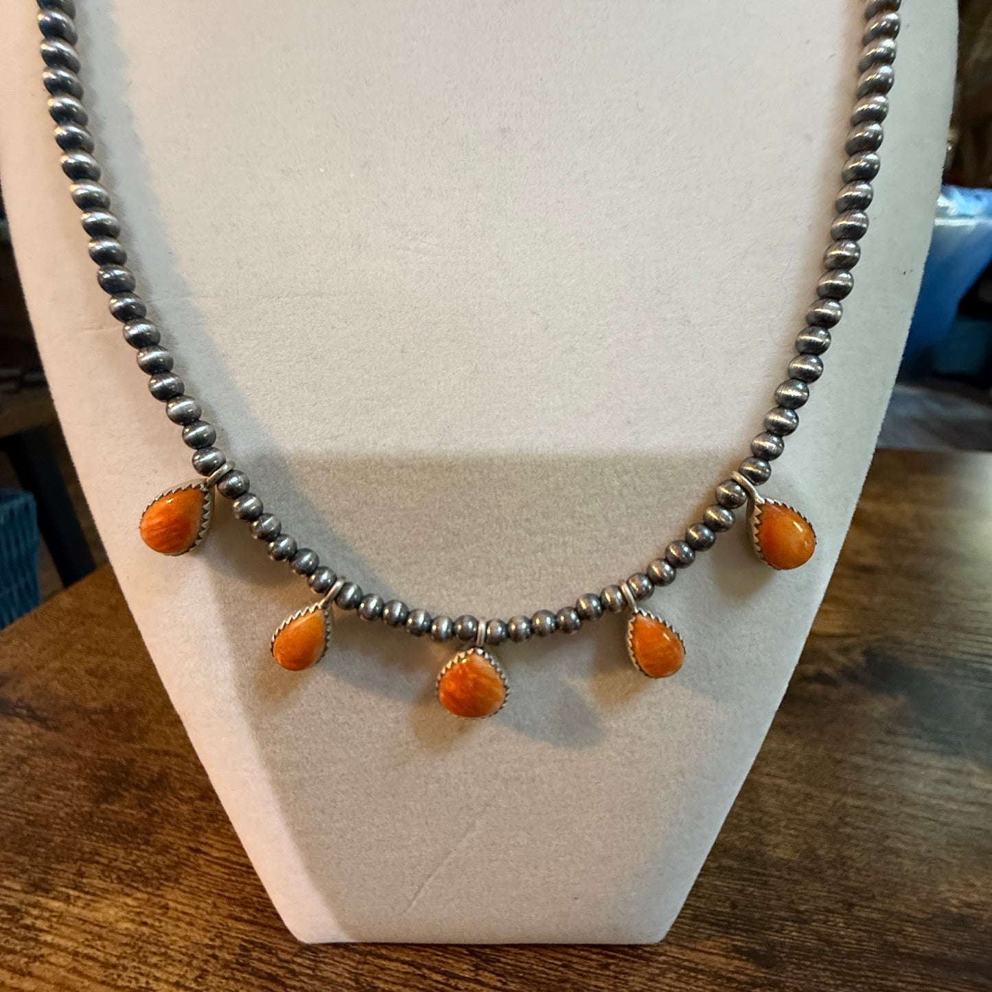 Southwestern Orange Spiny Oyster Gemstone Choker Necklace With 3mm Sterling Silver Beads
