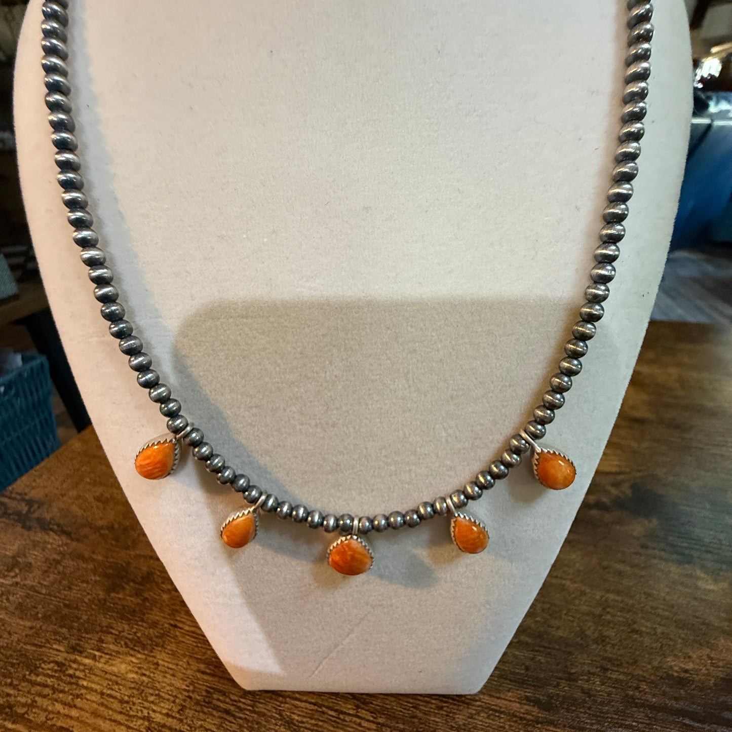 Southwestern Orange Spiny Oyster Gemstone Choker Necklace With 3mm Sterling Silver Beads