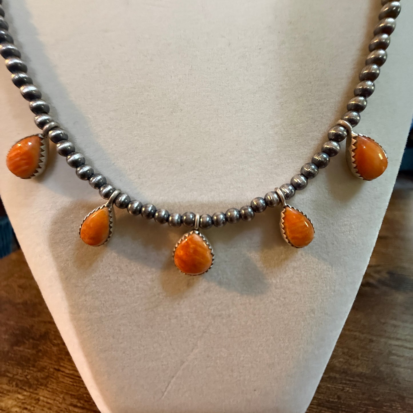 Southwestern Orange Spiny Oyster Gemstone Choker Necklace With 3mm Sterling Silver Beads