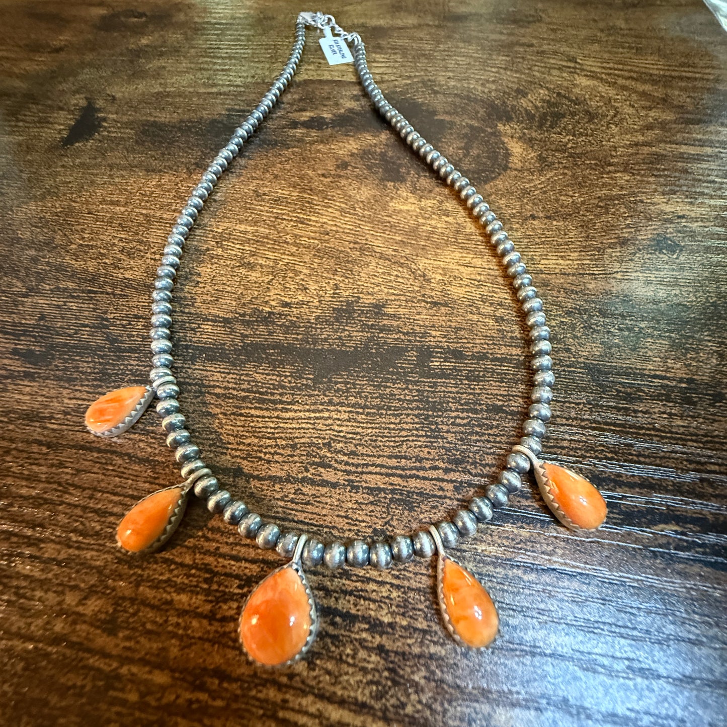 Southwestern Orange Spiny Oyster Gemstone Choker Necklace With 3mm Sterling Silver Beads