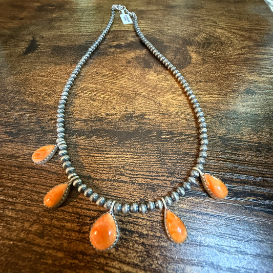 Southwestern Orange Spiny Oyster Gemstone Choker Necklace With 3mm Sterling Silver Beads