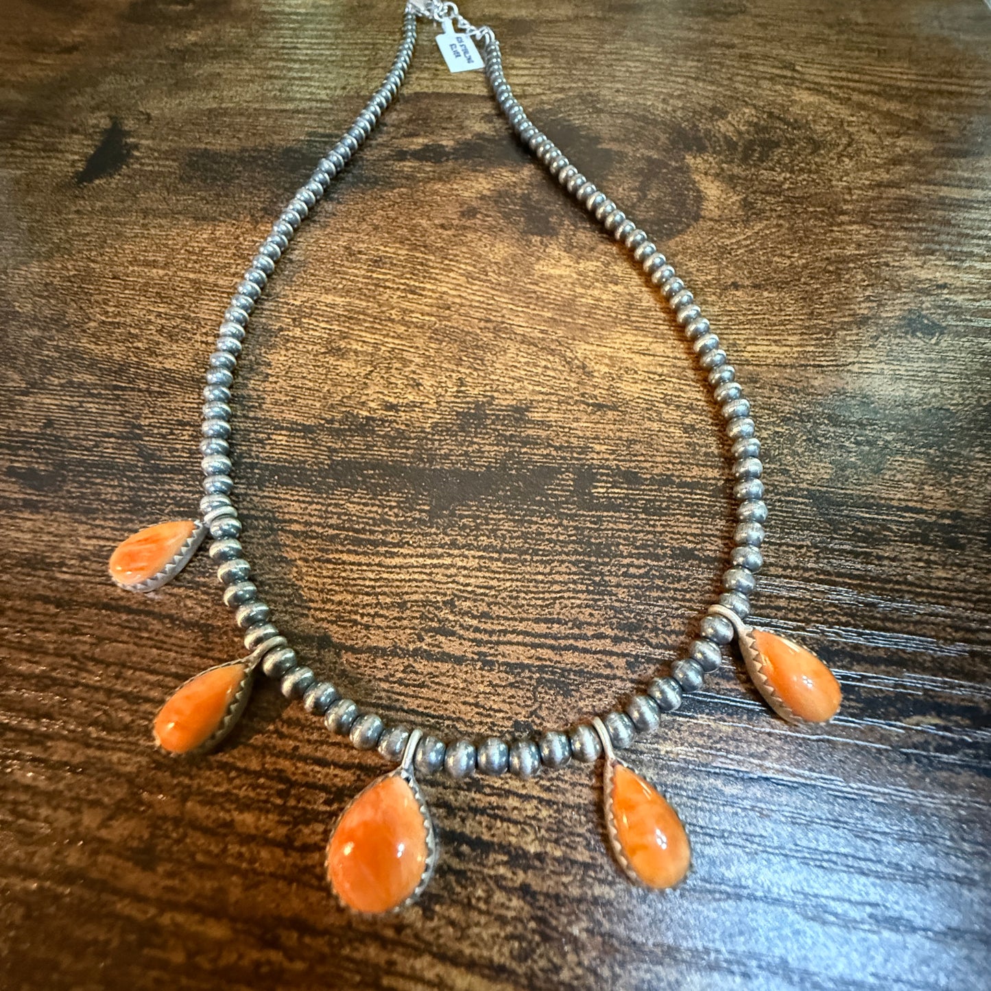 Southwestern Orange Spiny Oyster Gemstone Choker Necklace With 3mm Sterling Silver Beads