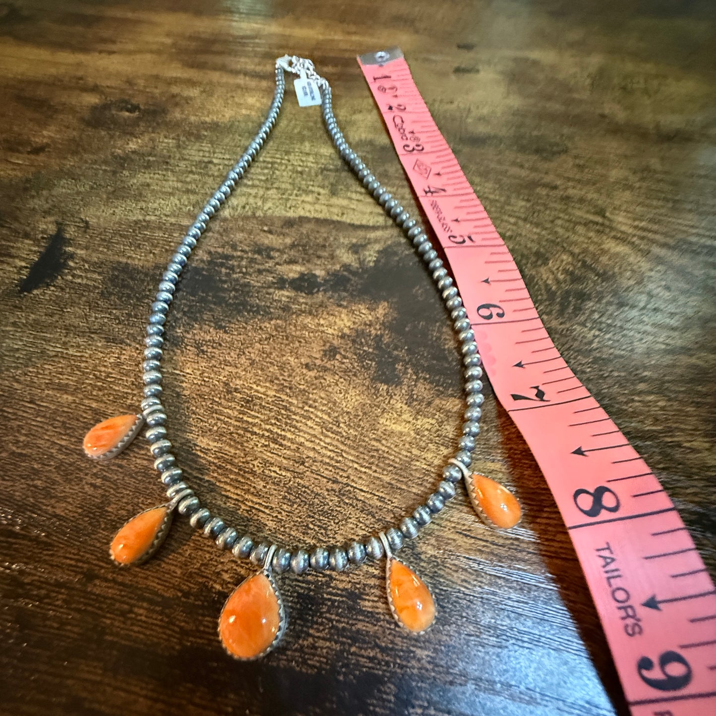 Southwestern Orange Spiny Oyster Gemstone Choker Necklace With 3mm Sterling Silver Beads